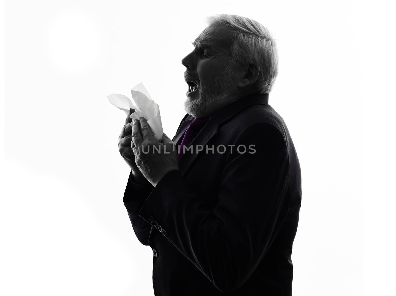 One Caucasian Senior Business Man sneezing Silhouette White Background