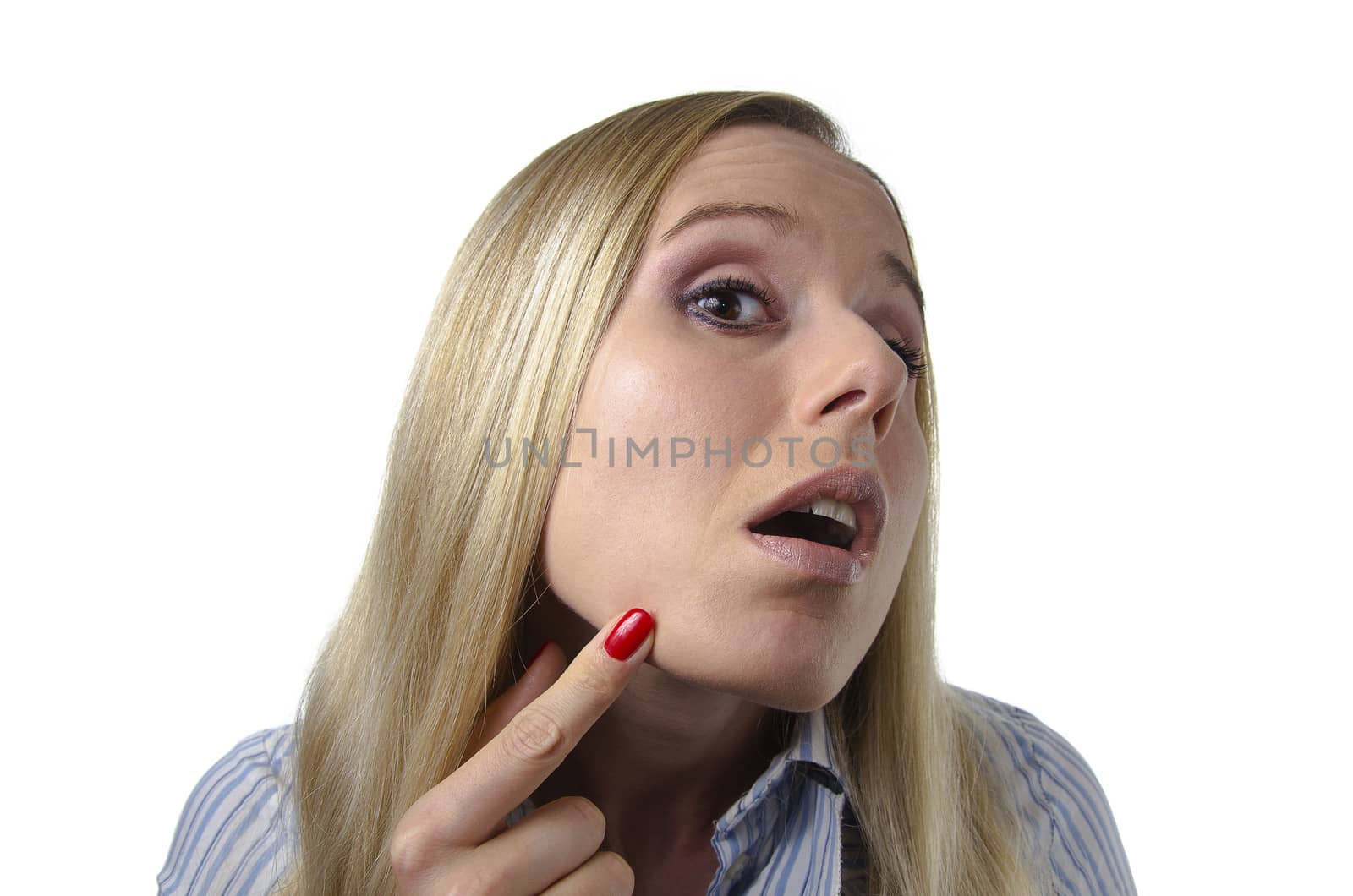 woman blonde checking her skin for imperfections isolated on white background