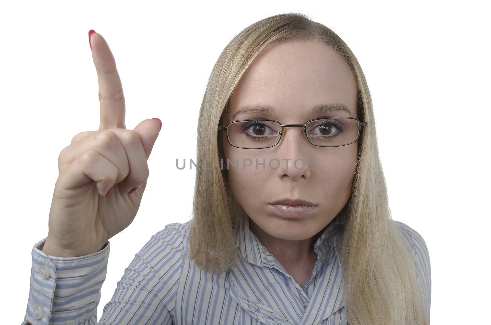 portrait of a strict woman holding her finger up with glasses on a white background