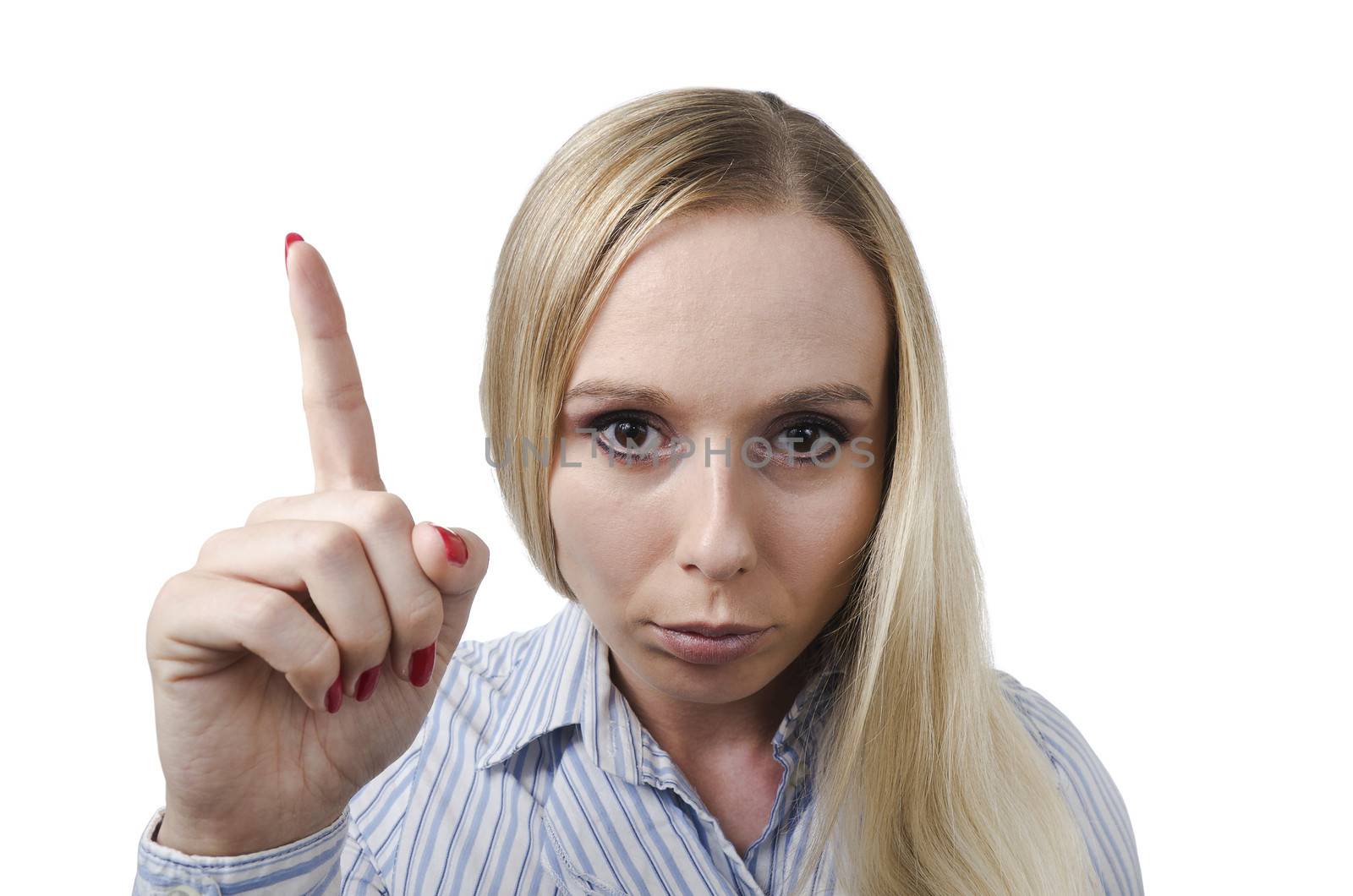 portrait of a strict woman holding her finger up on a white background