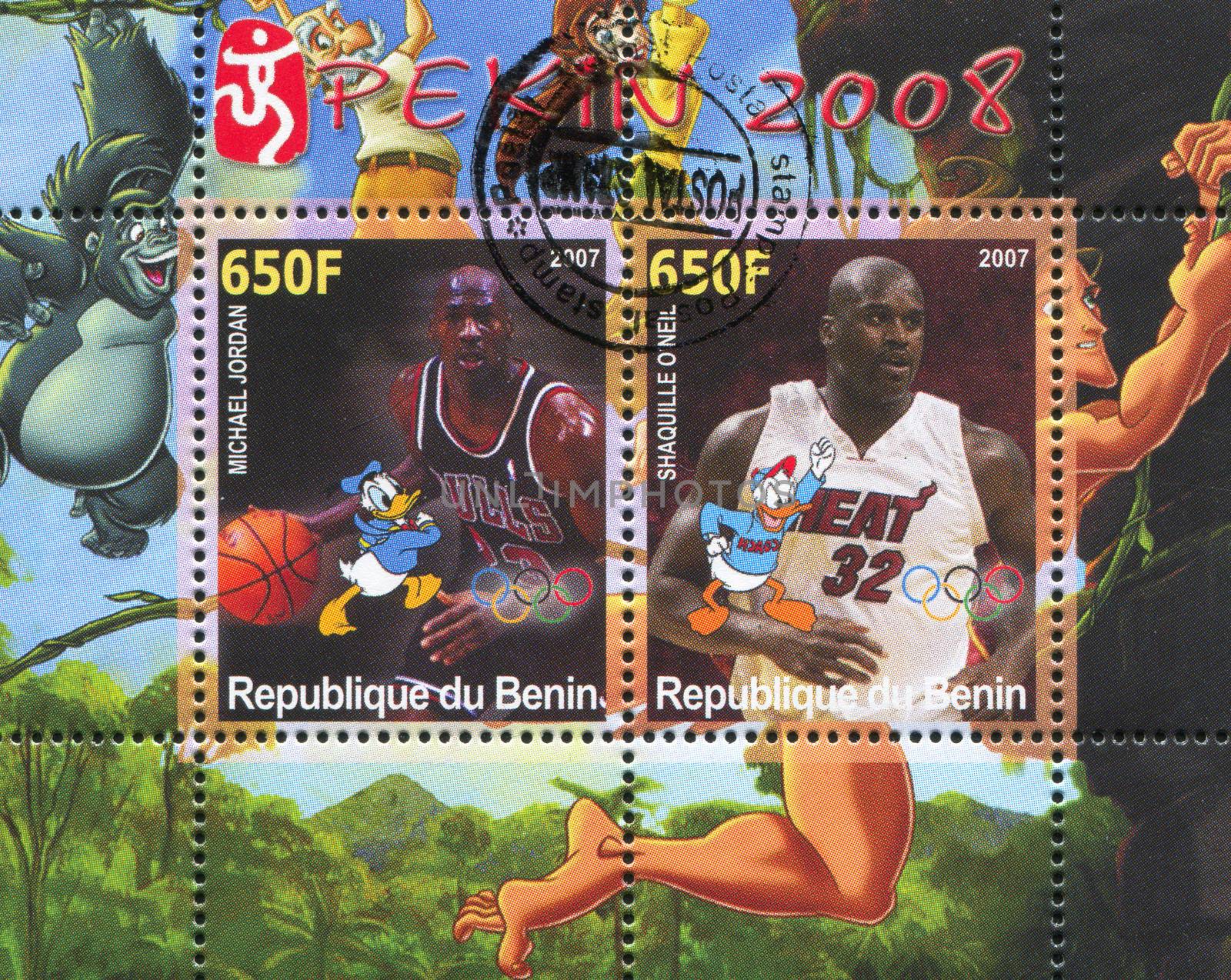 BENIN - CIRCA 2007: stamp printed by Benin, shows Michael Jordan, Disney Caharacter and Olympic Rings, circa 2007