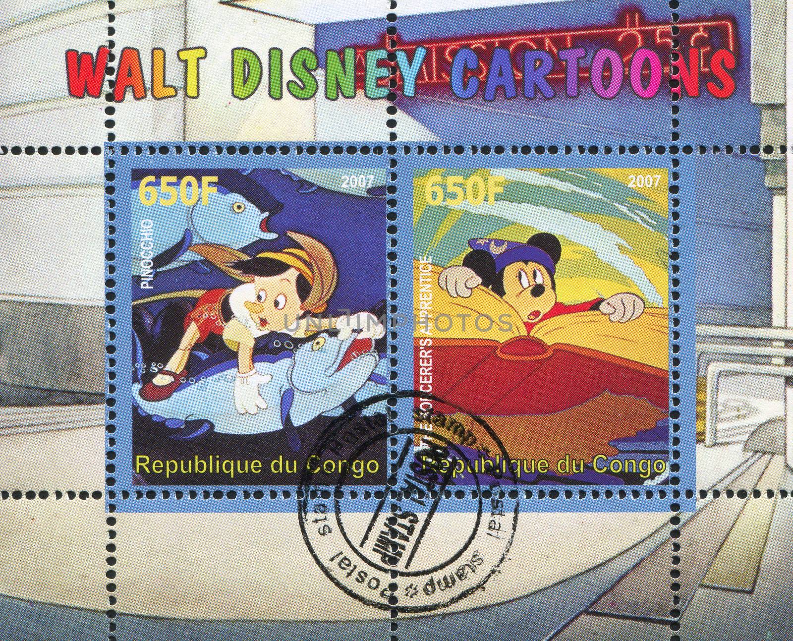 CONGO - CIRCA 2007: stamp printed by Congo, shows The Sorcerer's Appentice and Pinocchio, circa 2007