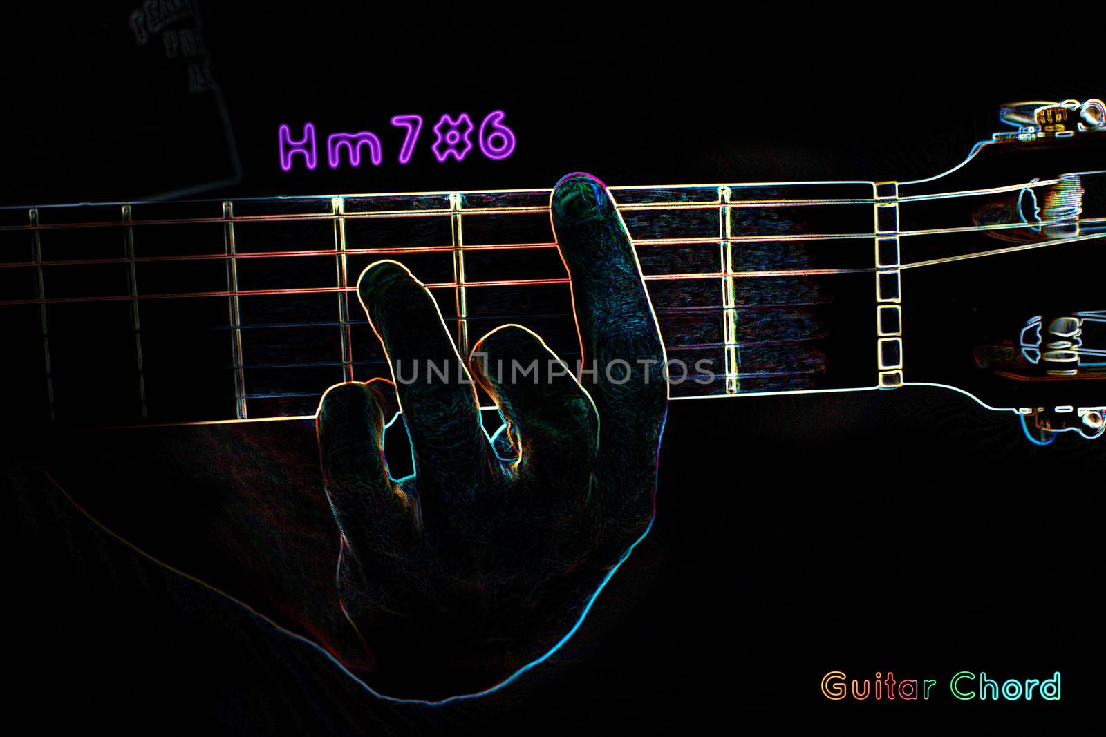 Guitar chord on a dark background, stylized illustration of an X-ray. Hm7#6 chord