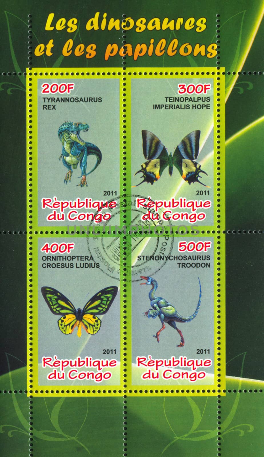 CONGO - CIRCA 2011: stamp printed by Congo, shows butterfly and dinosaur, circa 2011