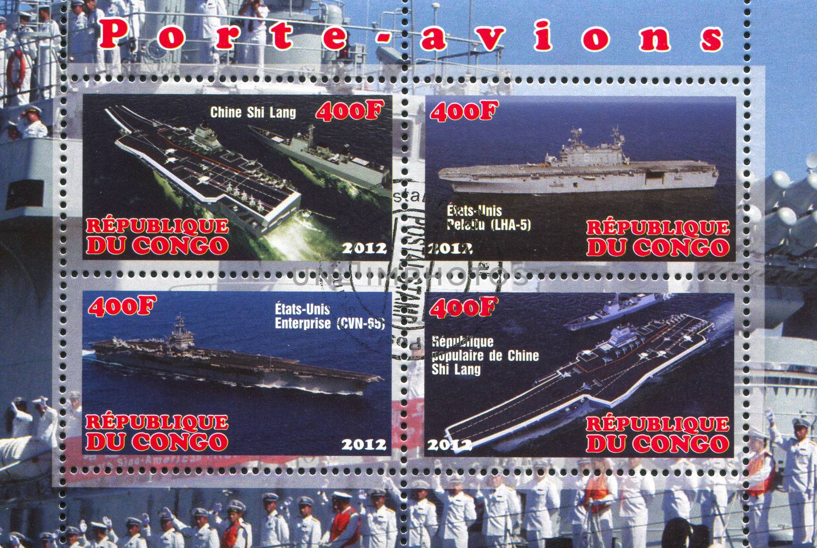 CONGO - CIRCA 2012: stamp printed by Congo, shows aircraft carrier, circa 2012