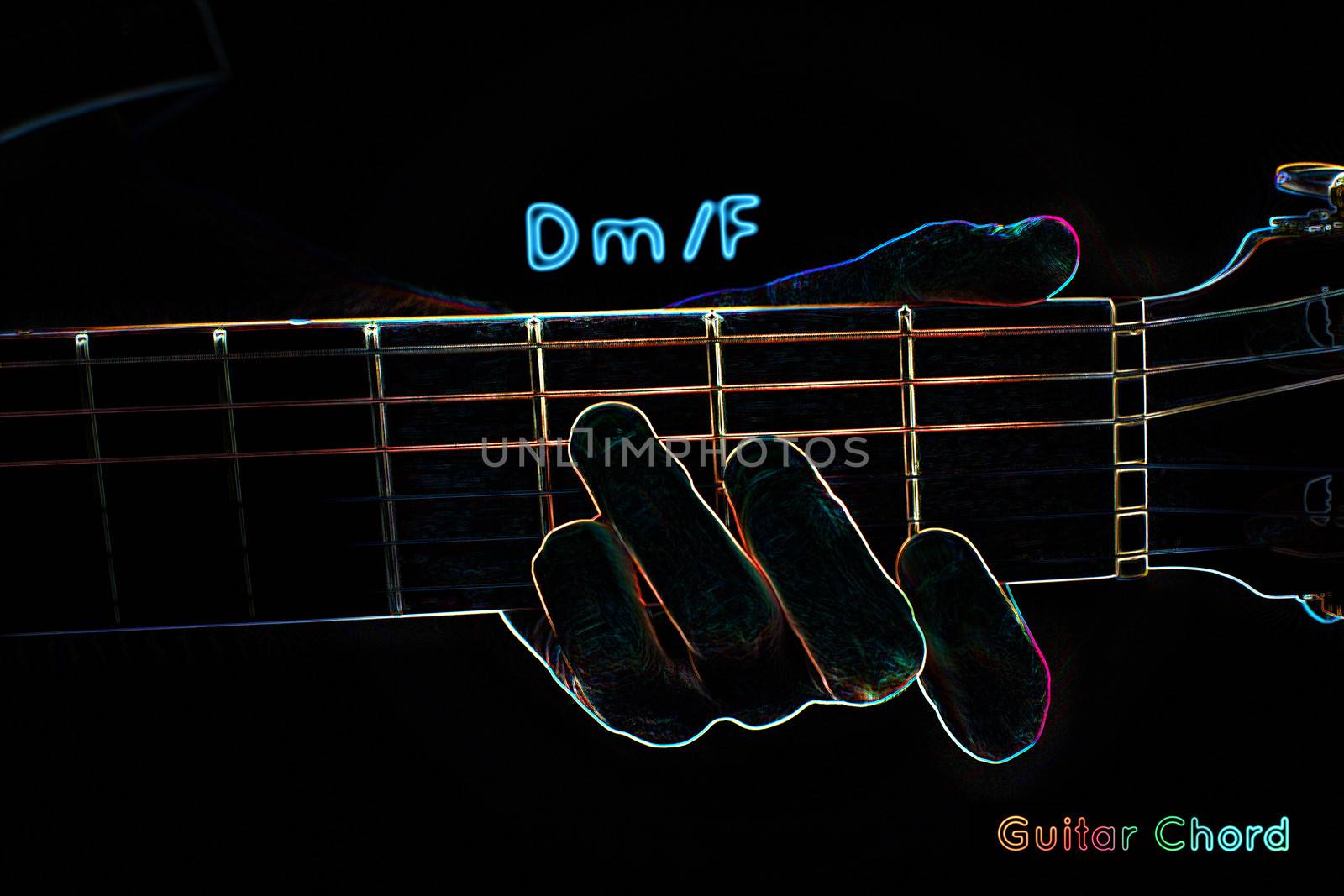 Guitar chord on a dark background, stylized illustration of an X-ray. Dm/F chord