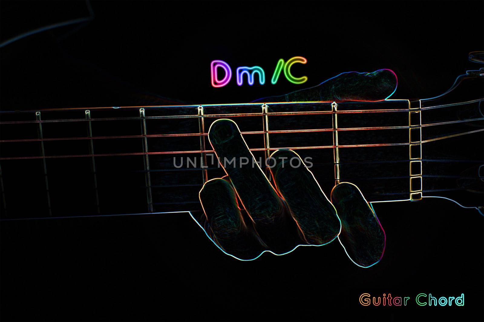 Guitar chord on a dark background, stylized illustration of an X-ray. Dm/C chord