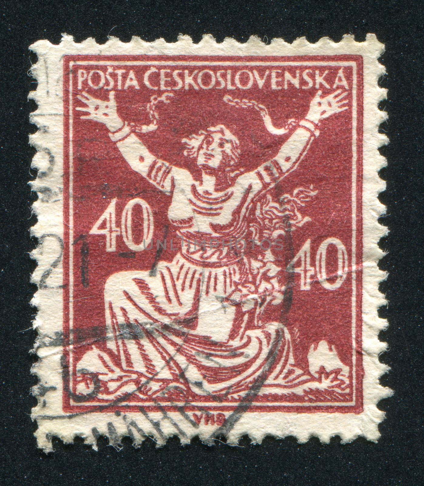 CZECHOSLOVAKIA - CIRCA 1920: stamp printed by Czechoslovakia, shows Czechoslovakia Breaking Chains to Freedom, circa 1920