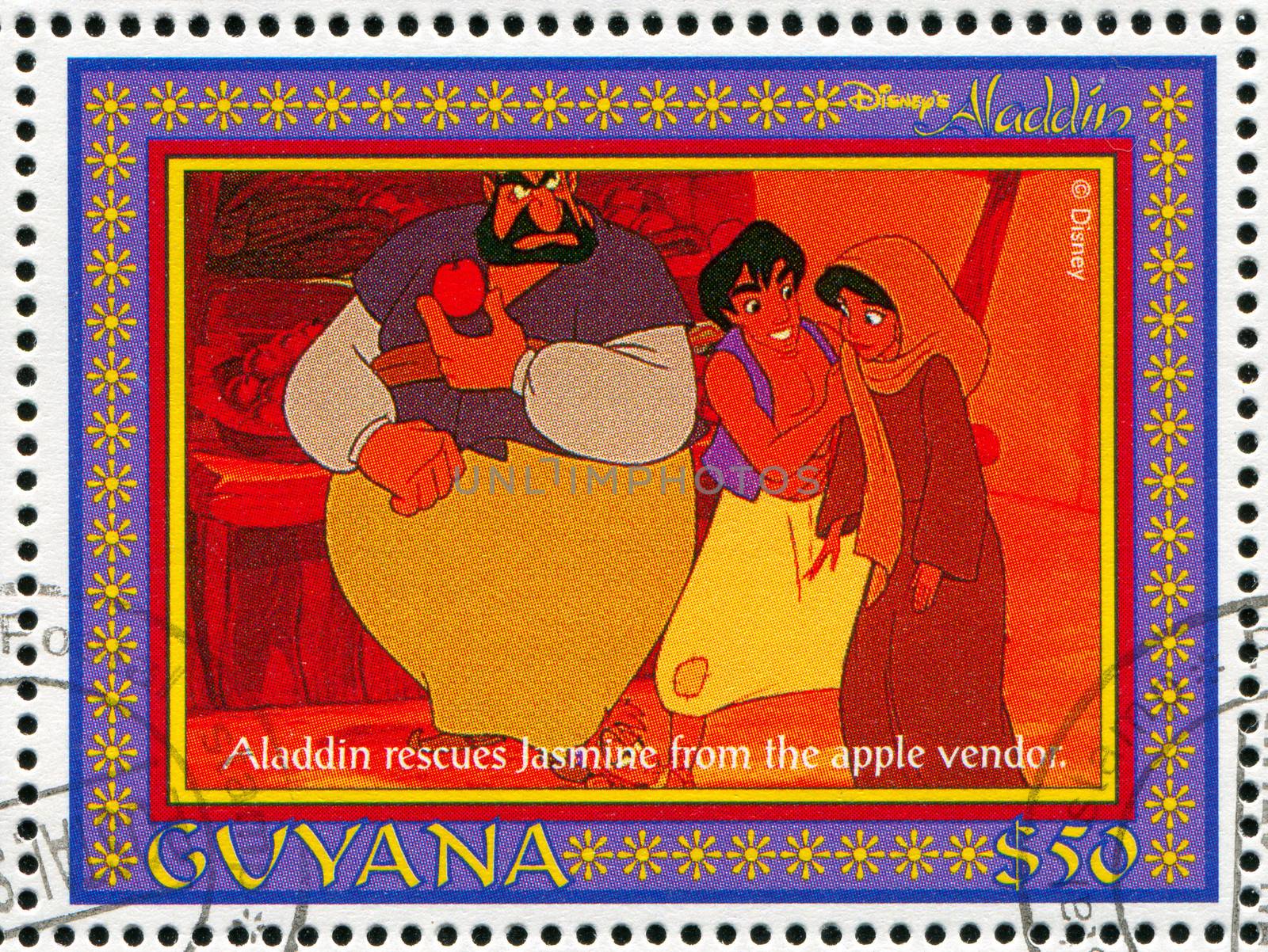 GUYANA - CIRCA 1993: stamp printed by Guyana, shows Aladdin, Disney animated film, circa 1993