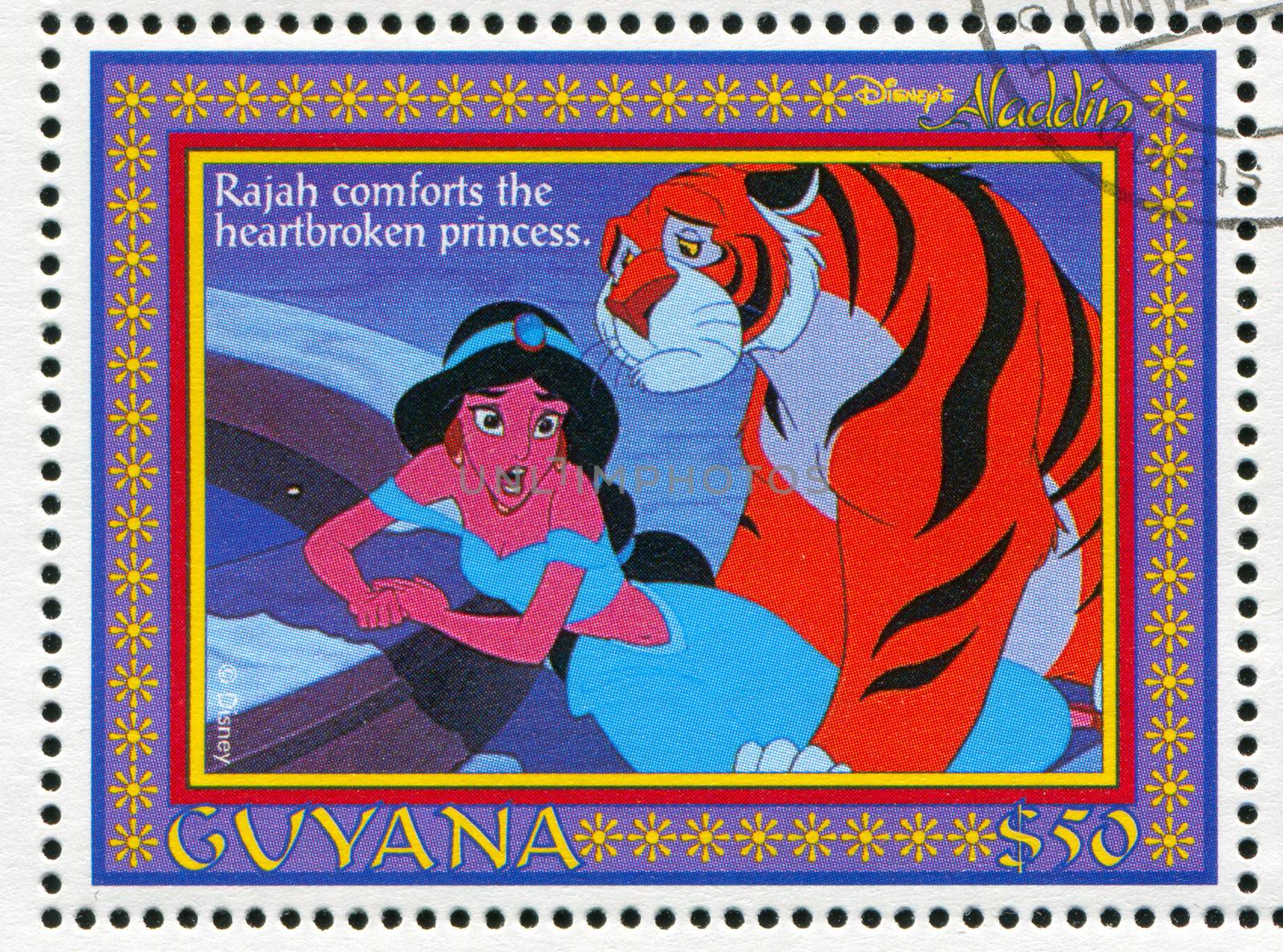 GUYANA - CIRCA 1993: stamp printed by Guyana, shows Aladdin, Disney animated film, Rajah and Jasmine, circa 1993
