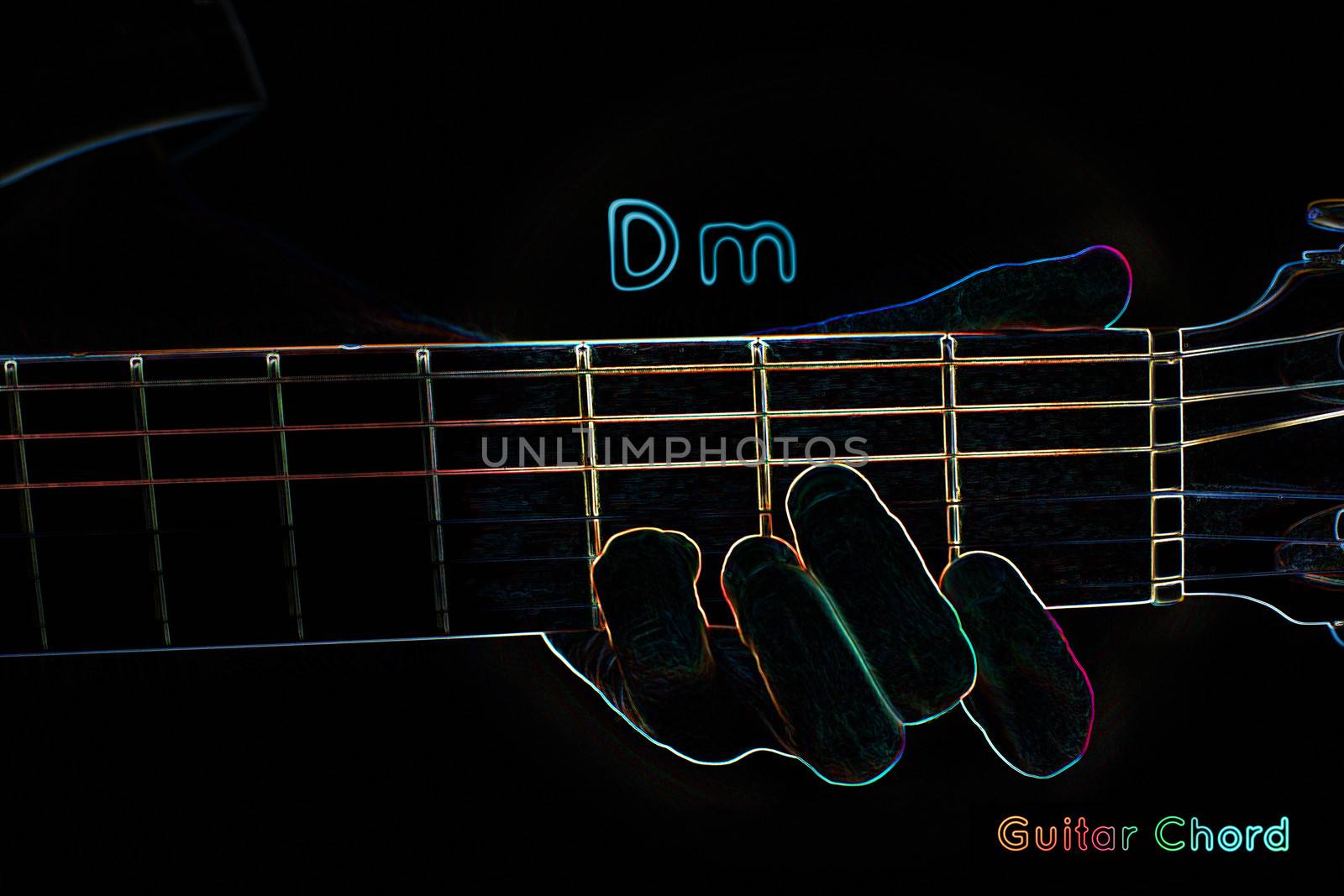 Guitar chord on a dark background, stylized illustration of an X-ray. Dm chord