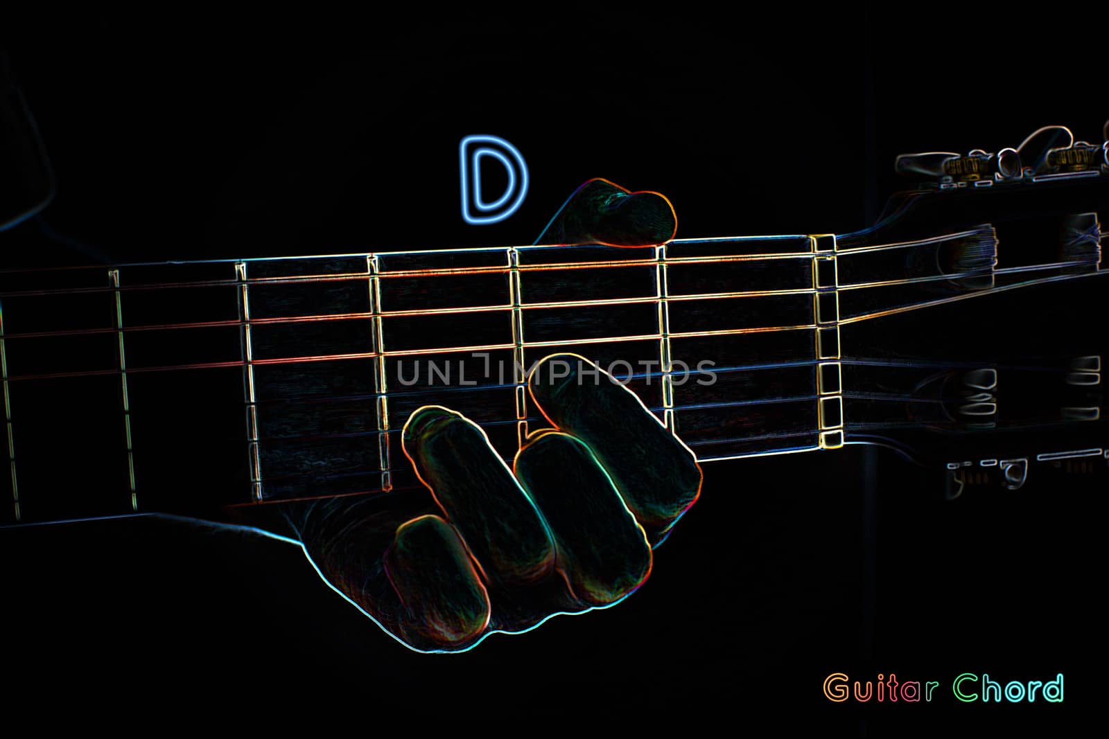 Guitar chord on a dark background, stylized illustration of an X-ray. D major chord