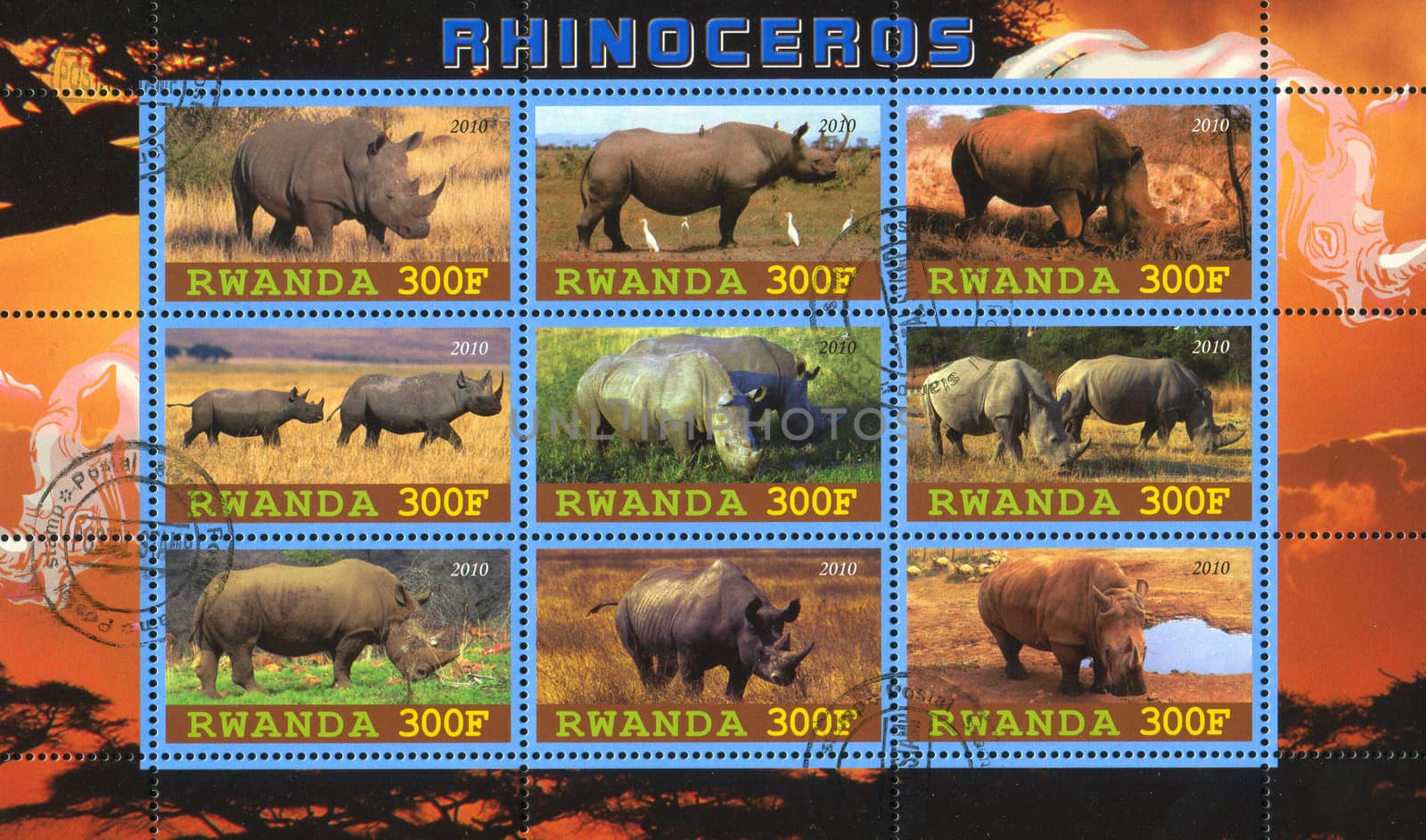 RWANDA - CIRCA 2010: stamp printed by Rwanda, shows Rhinoceros, circa 2010
