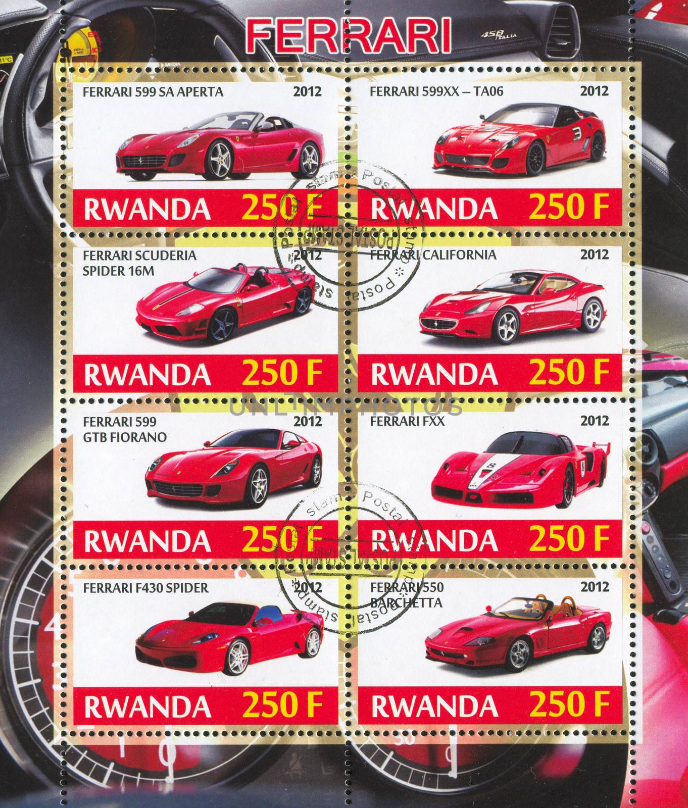 RWANDA - CIRCA 2012: stamp printed by Rwanda, shows Ferrari, circa 2012