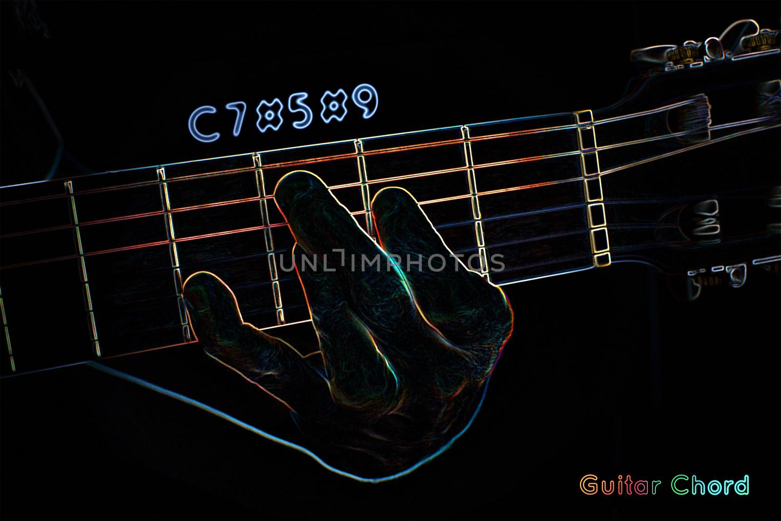 Guitar chord on a dark background, stylized illustration of an X-ray. C7#5#9 chord