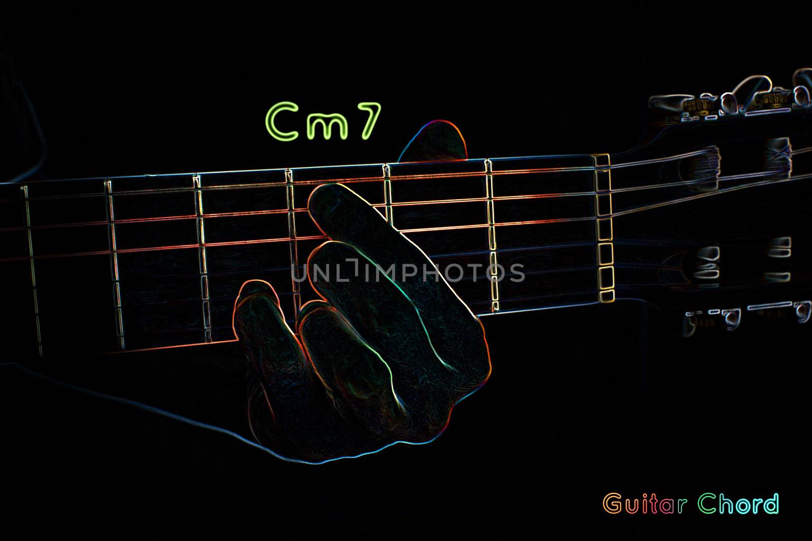 Guitar chord on a dark background, stylized illustration of an X-ray. Cm7 chord