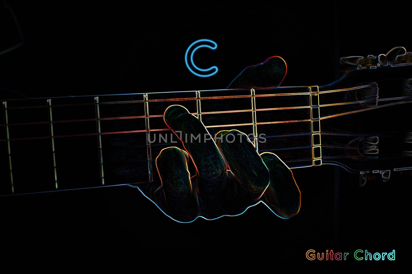 Guitar chord on a dark background, stylized illustration of an X-ray. C chord