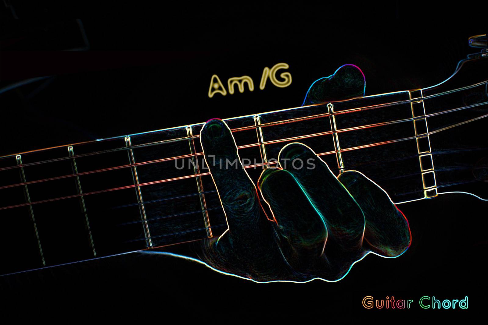 Guitar chord on a dark background, stylized illustration of an X-ray. Am/G chord