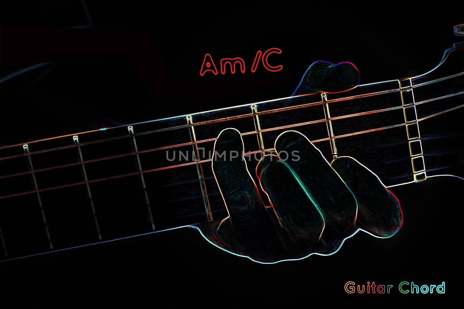 Guitar chord on a dark background, stylized illustration of an X-ray. Am/C chord