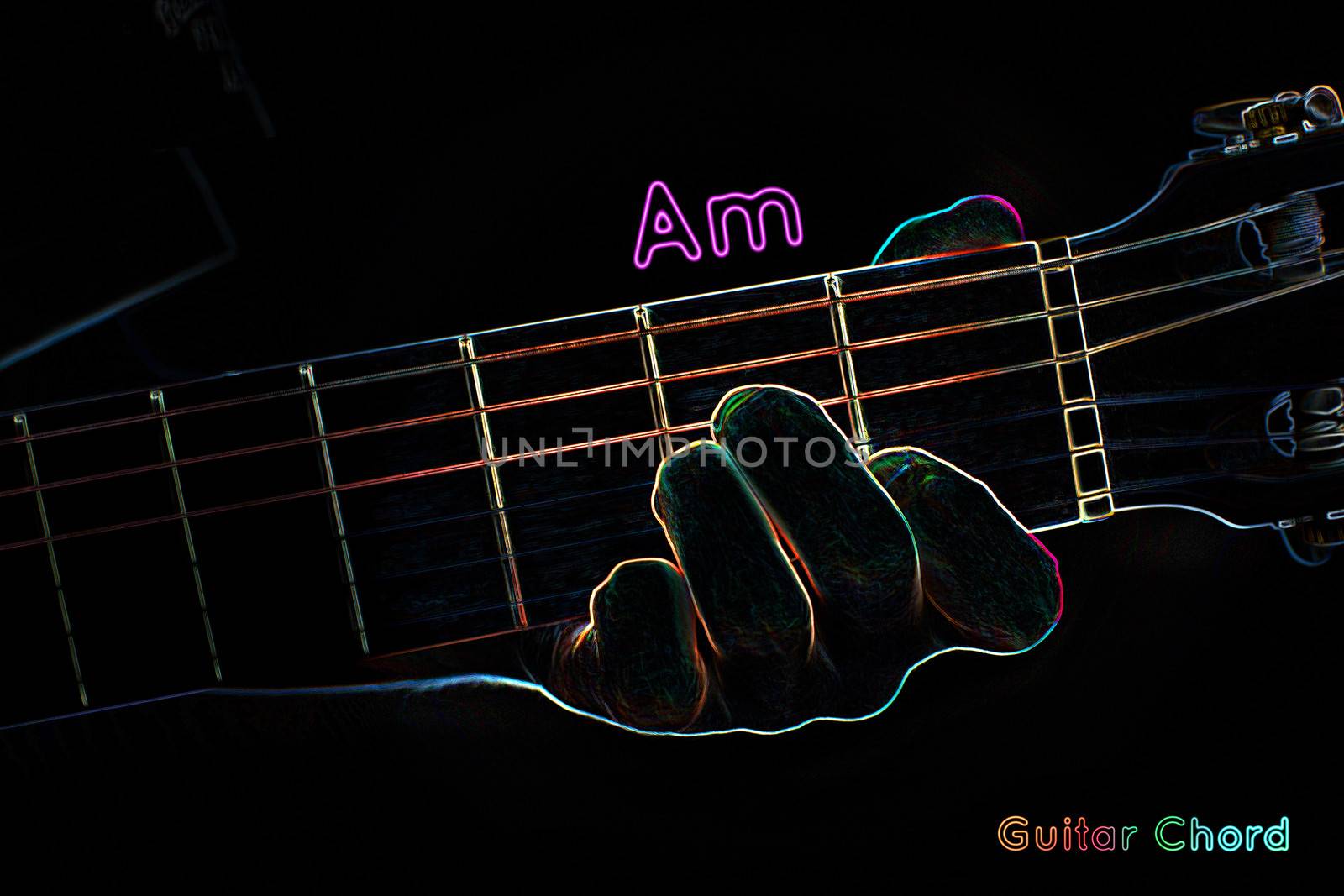 Guitar chord on a dark background, stylized illustration of an X-ray. Am chord