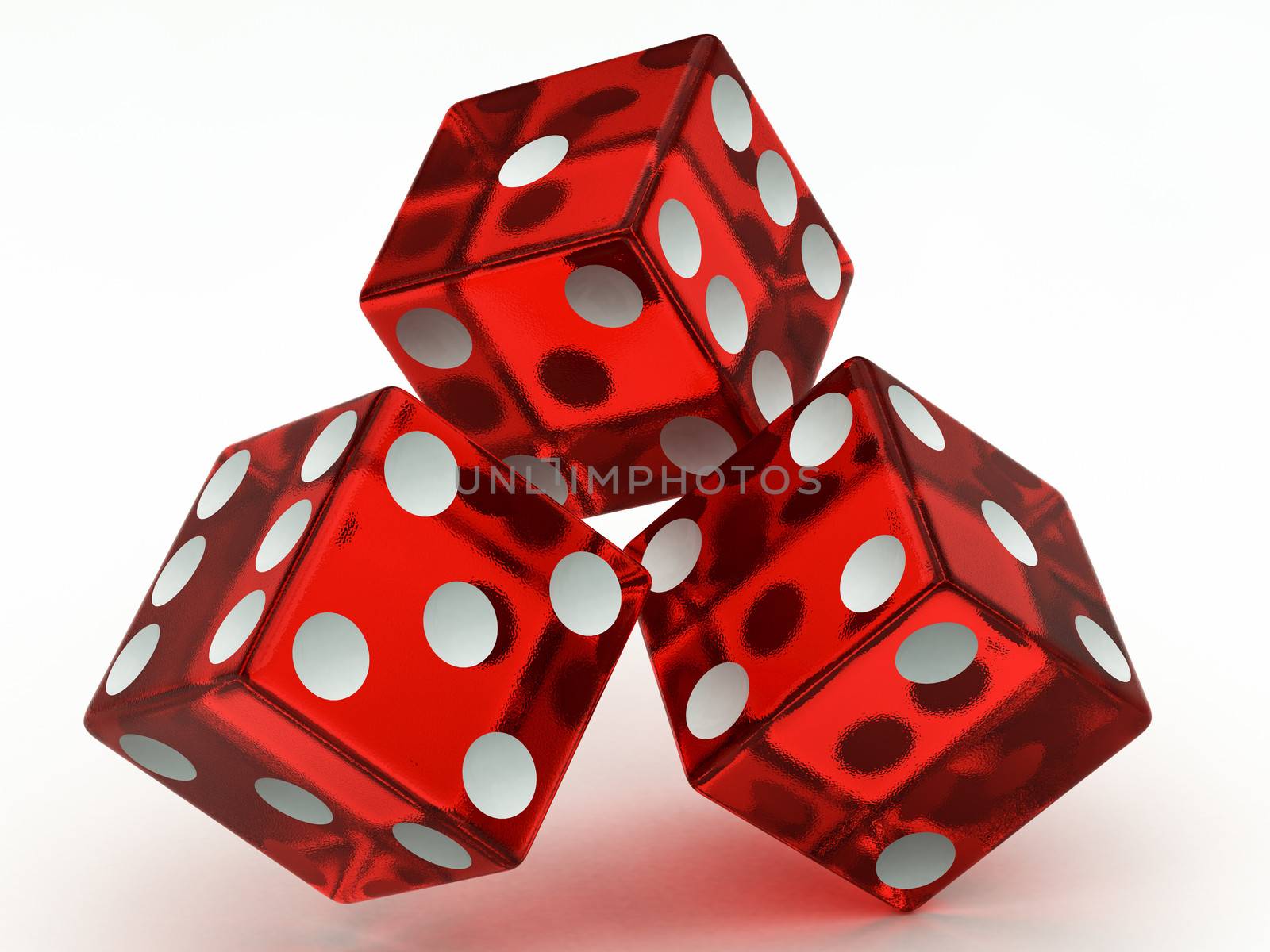 three red dices falling on a white background