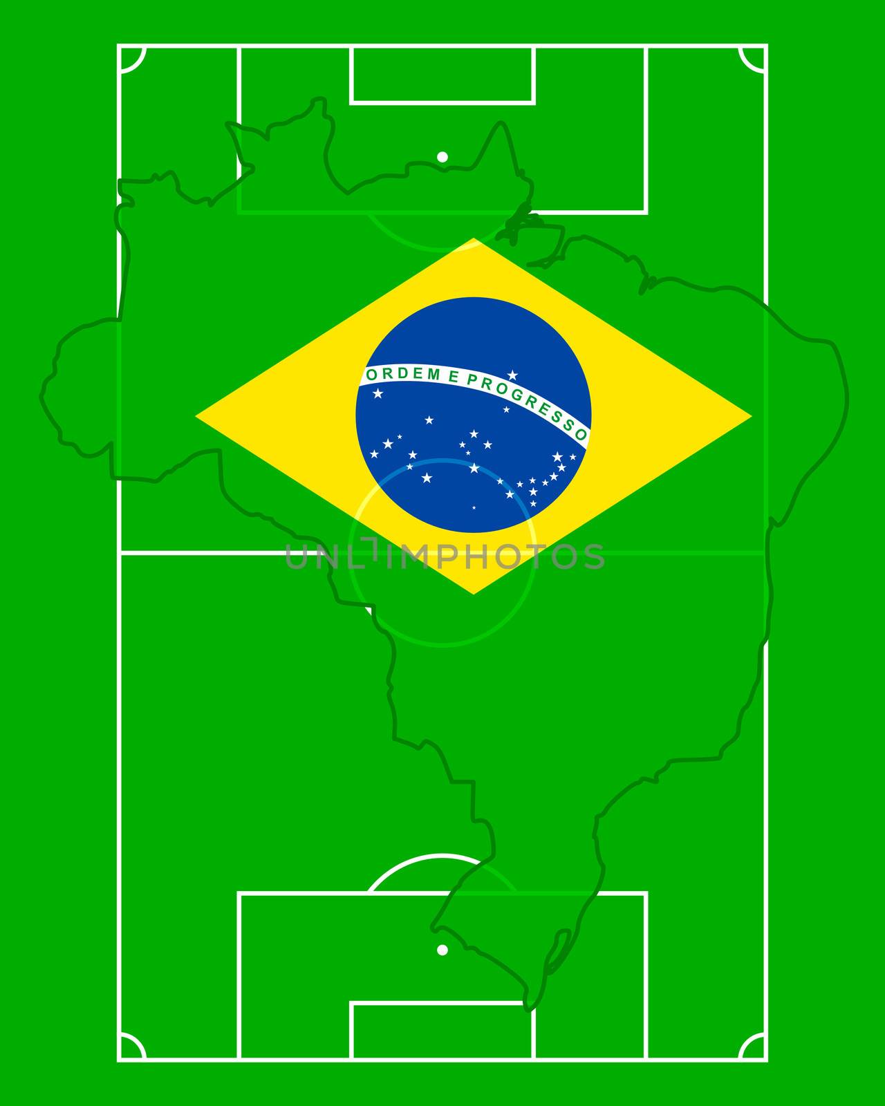 Soccer field with map and flag of Brazil by rbiedermann