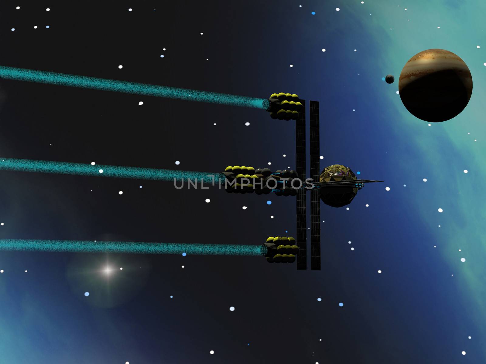 A star-ship from Earth with ion drive propulsion explores the cosmos.