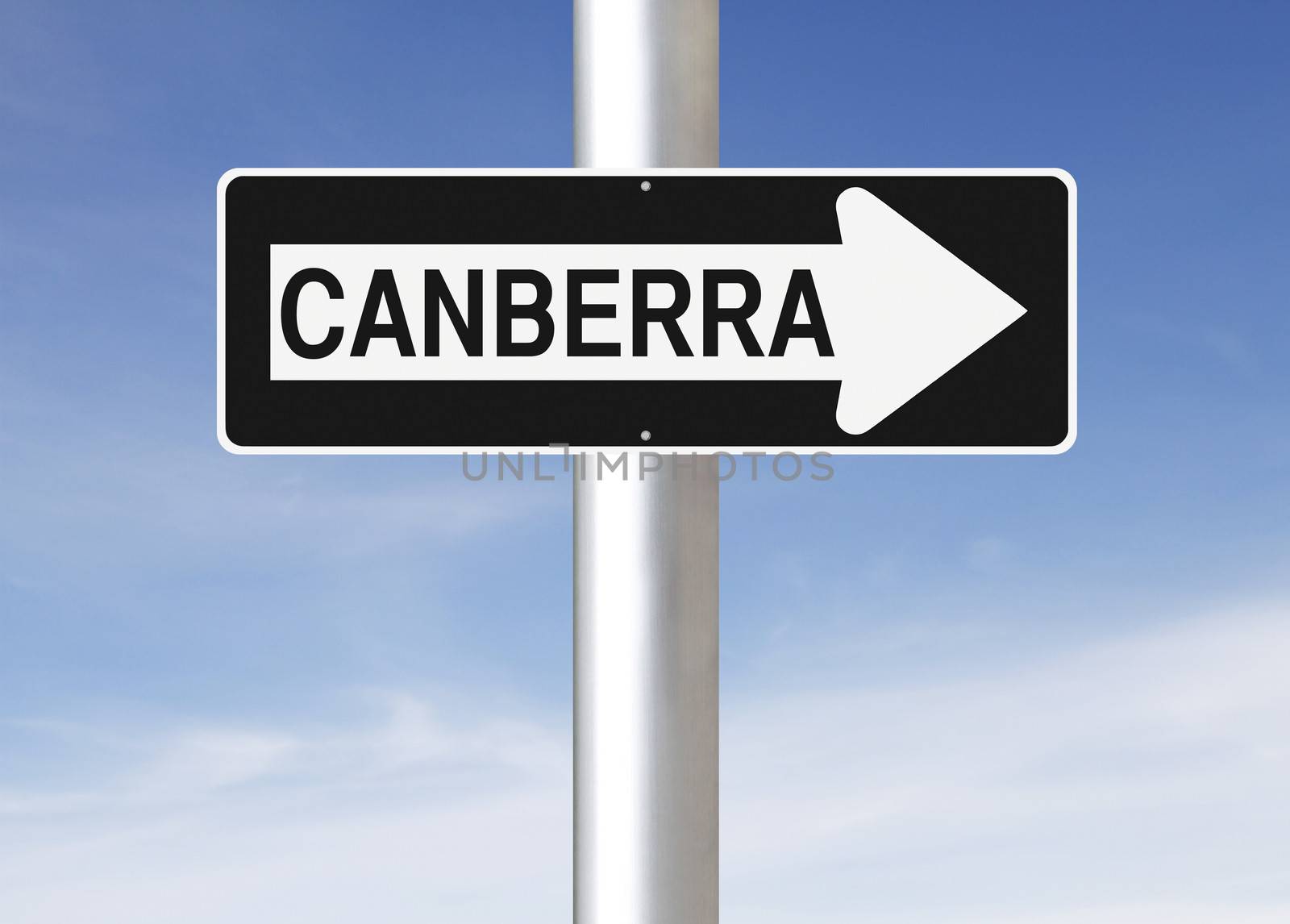 A modified one way sign indicating Canberra (Australia)