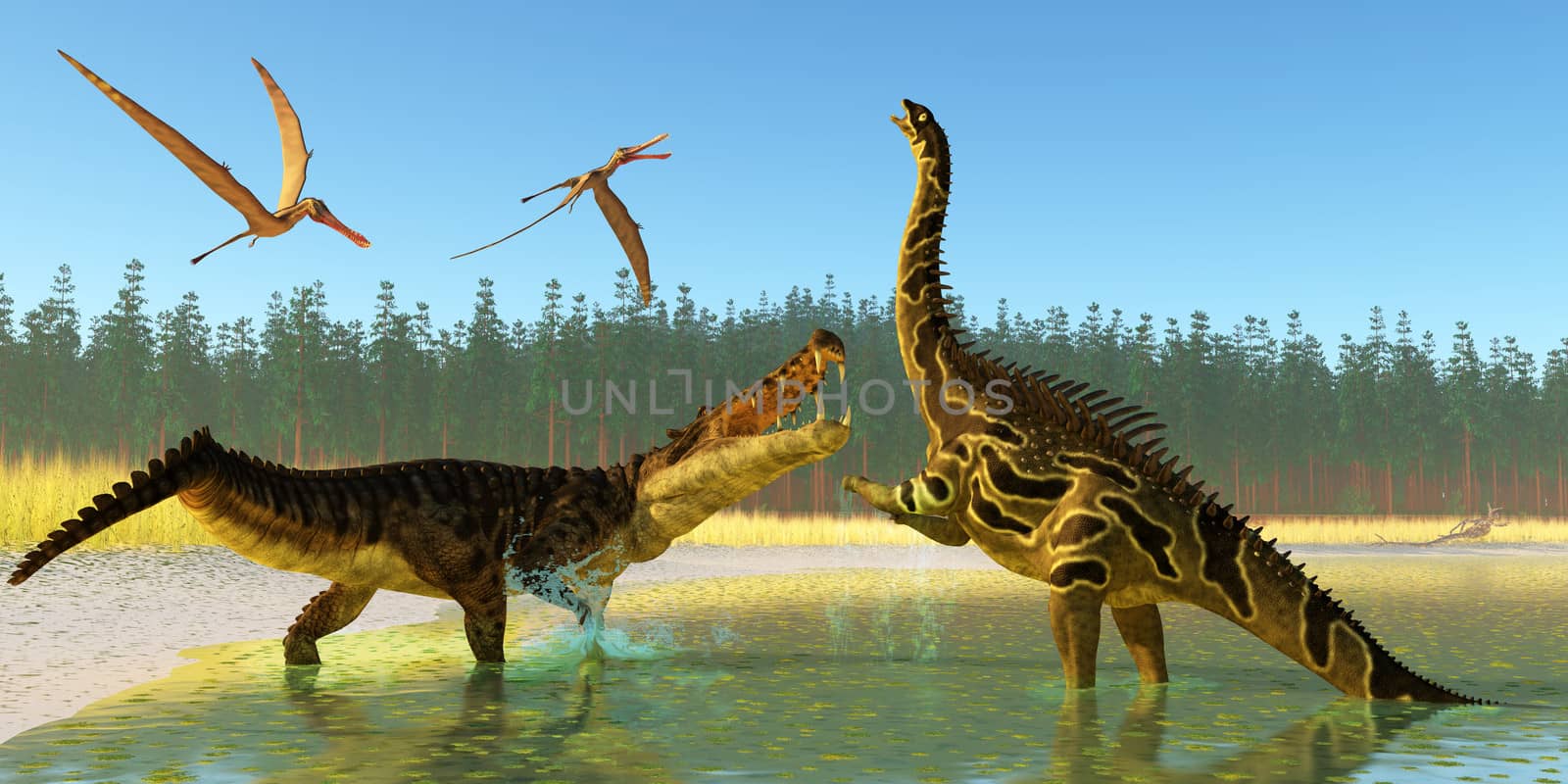 Two Anhanguera reptiles fly over as a Kaprosuchus marine reptile confronts an Agustinia dinosaur.