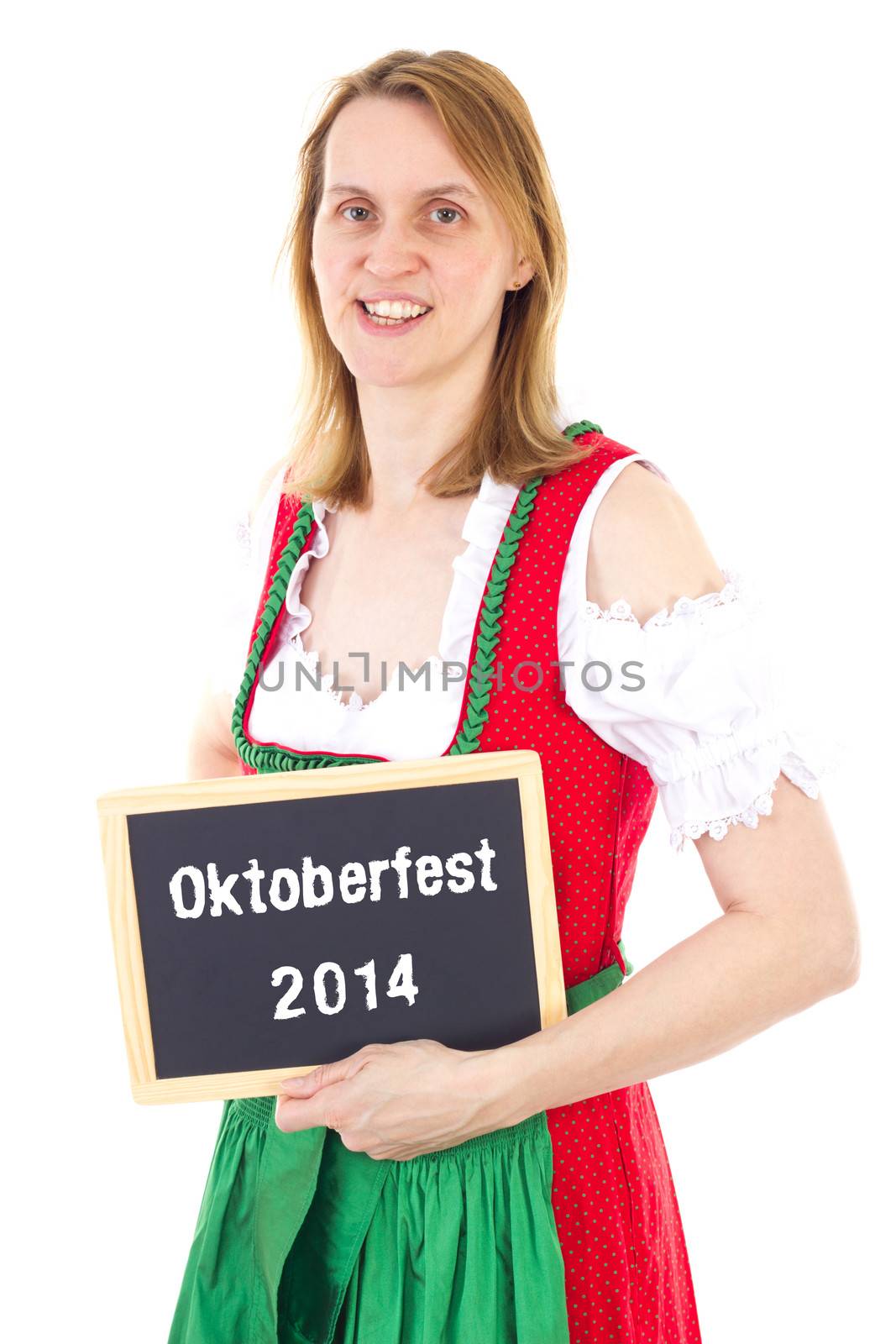 Woman in dirndl shows blackboard : Oktoberfest 2014