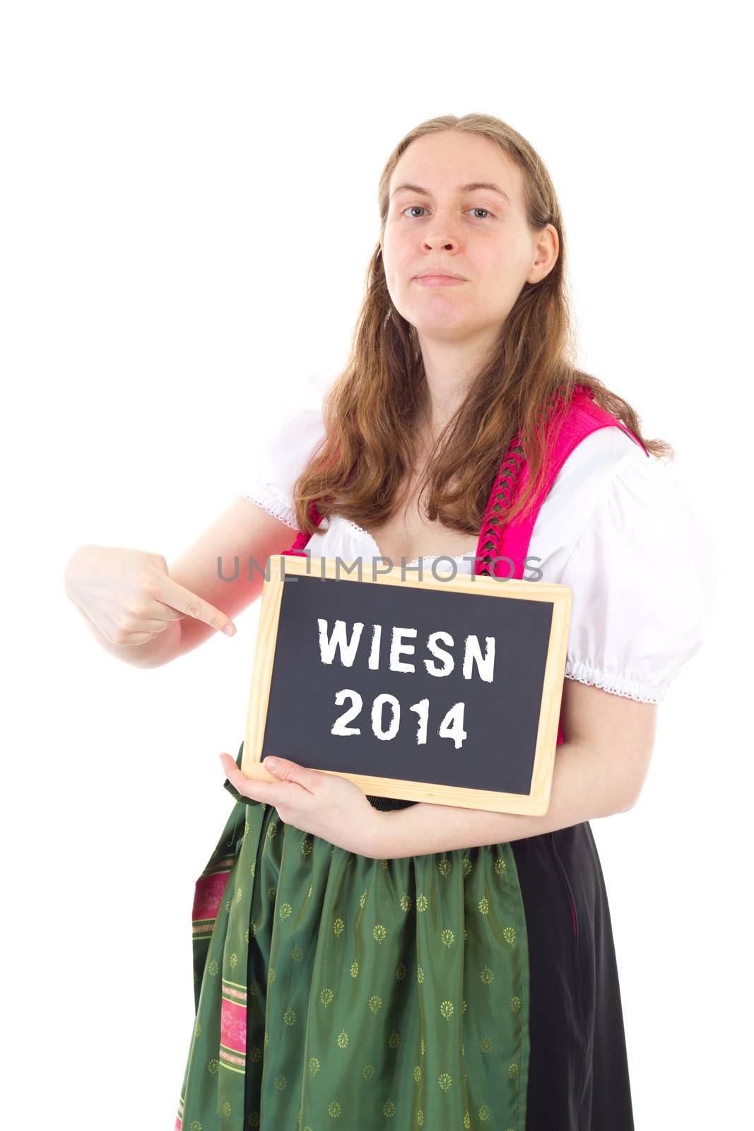Young bavarian woman shows blackboard : Wiesn 2014