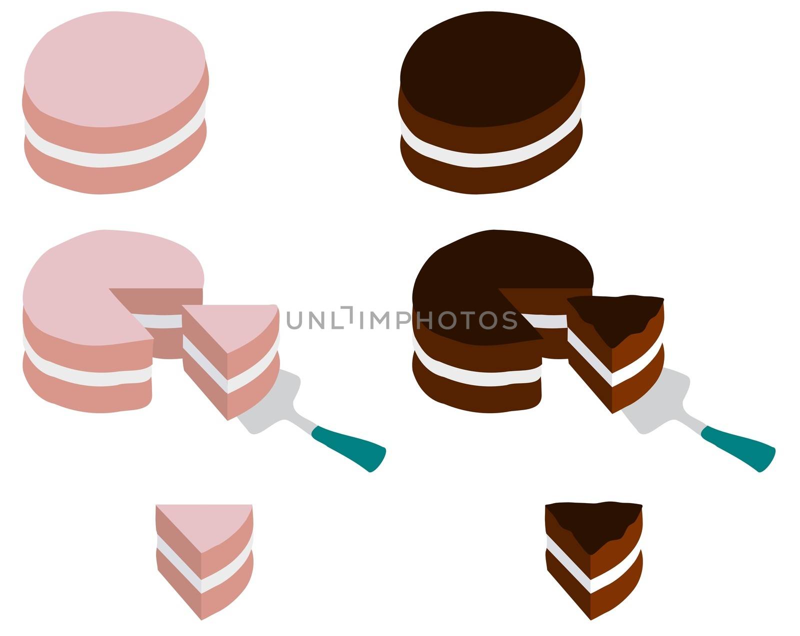 Illustration of cakes whole, taking a slice and isolated single slices