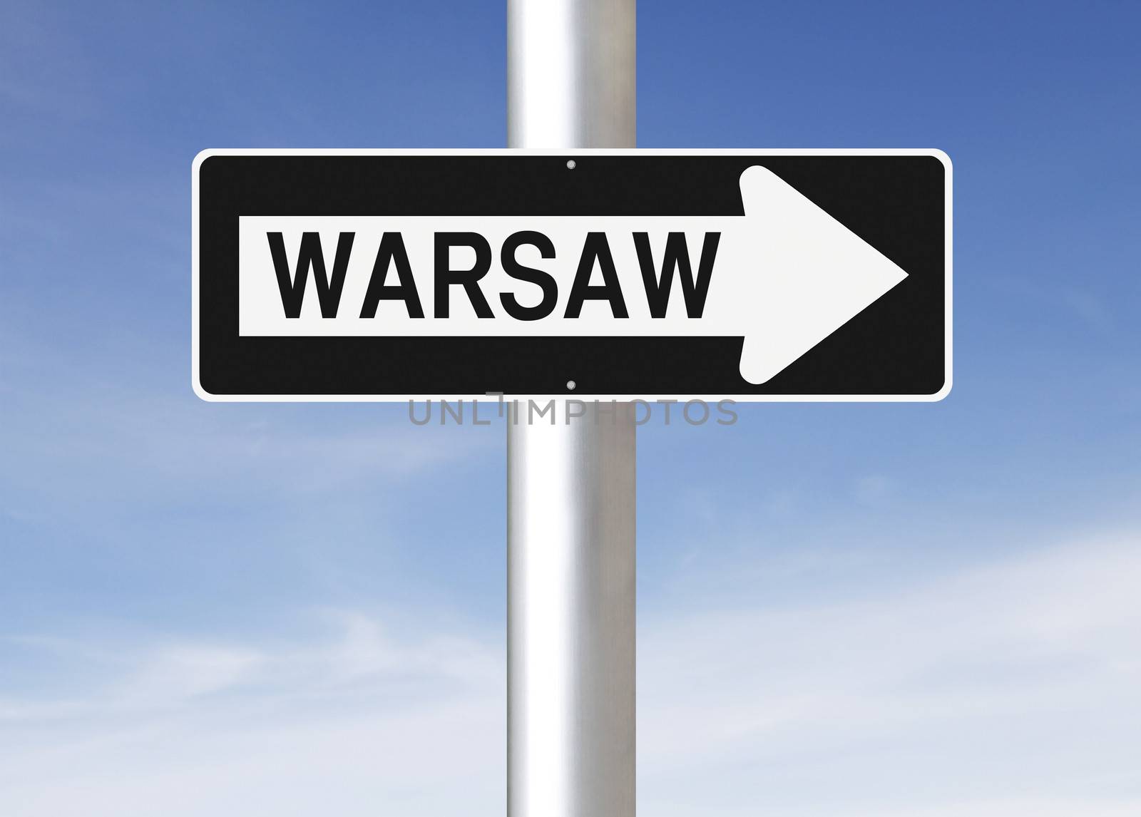 A modified one way sign indicating Warsaw (Poland)