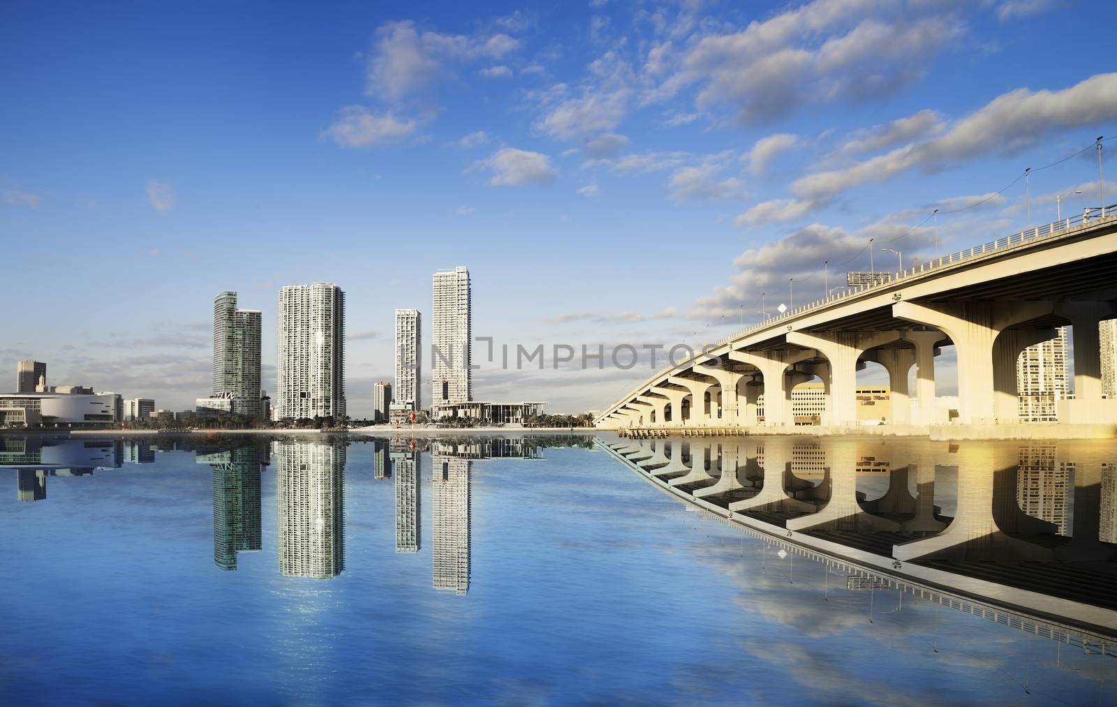 Miami Downtown skyline in daytime with Biscayne Bay.