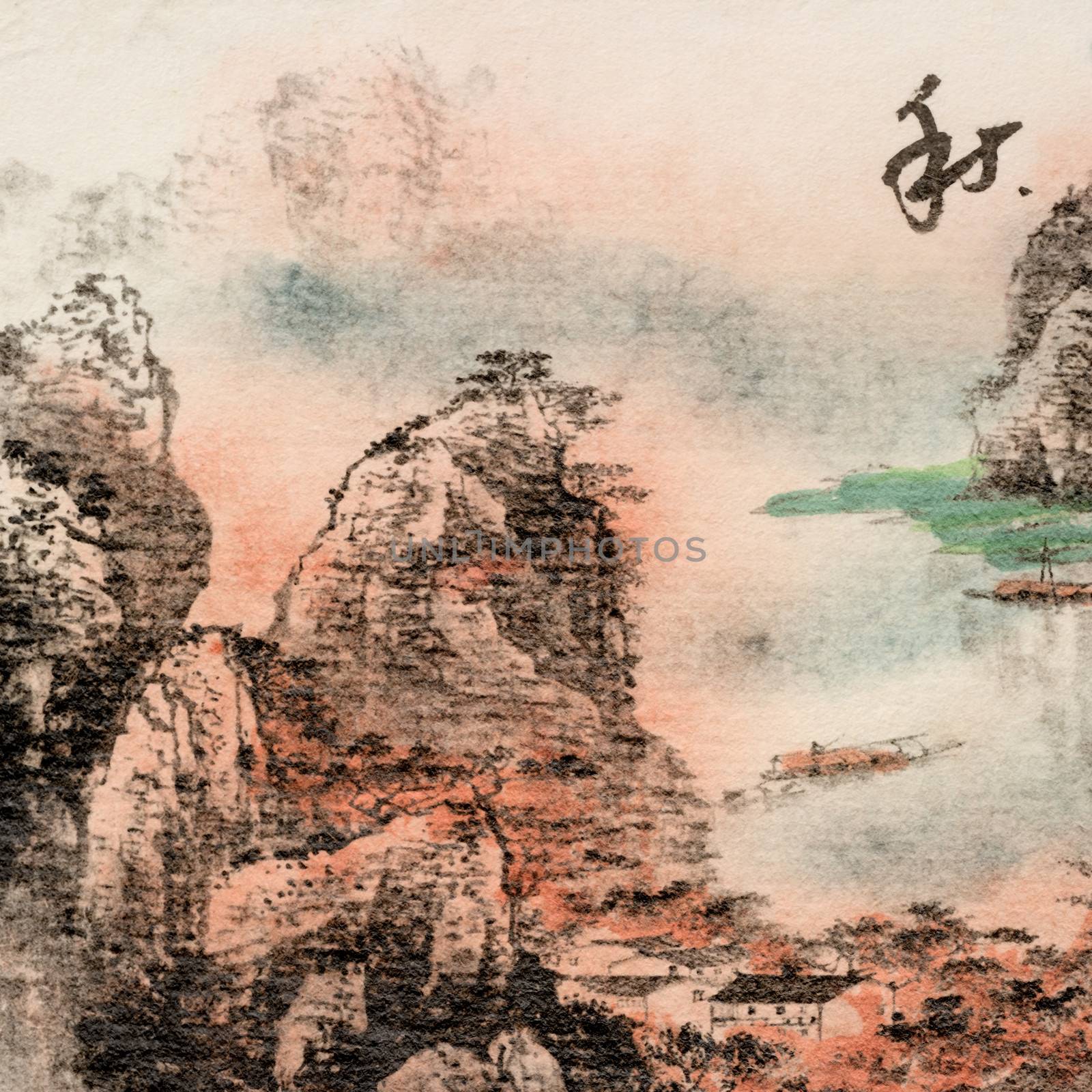 Chinese traditional ink painting, landscape of season, fall.
