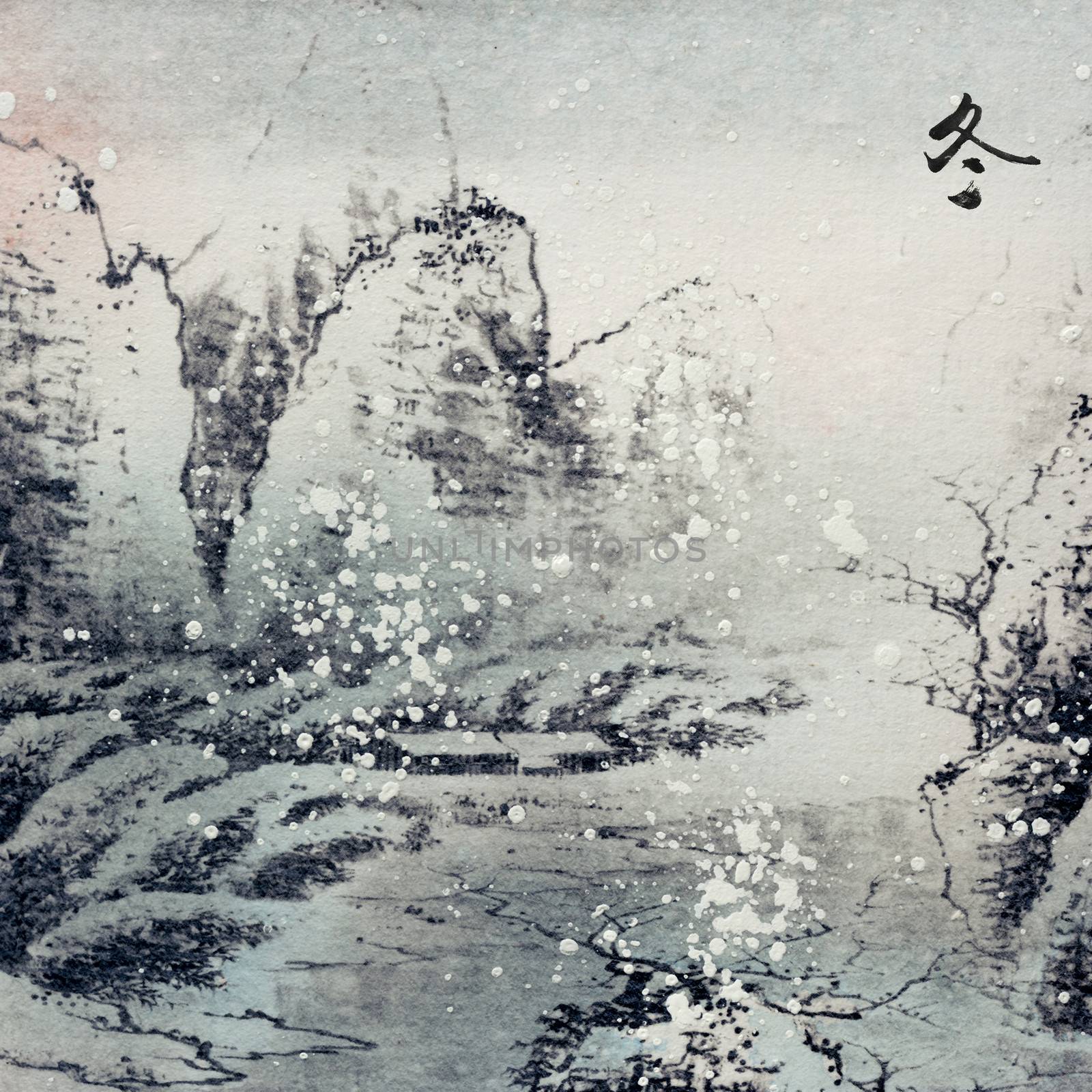 Chinese traditional ink painting, landscape of season, winter.