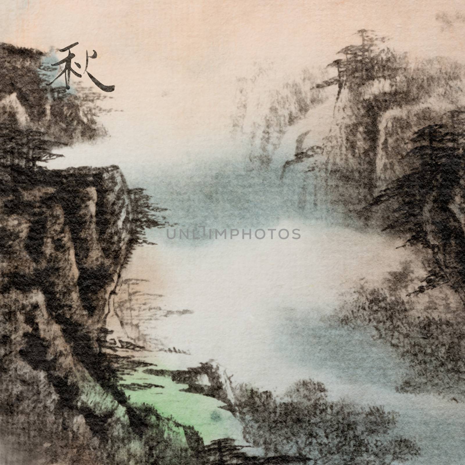 Chinese traditional ink painting, landscape of season, fall.