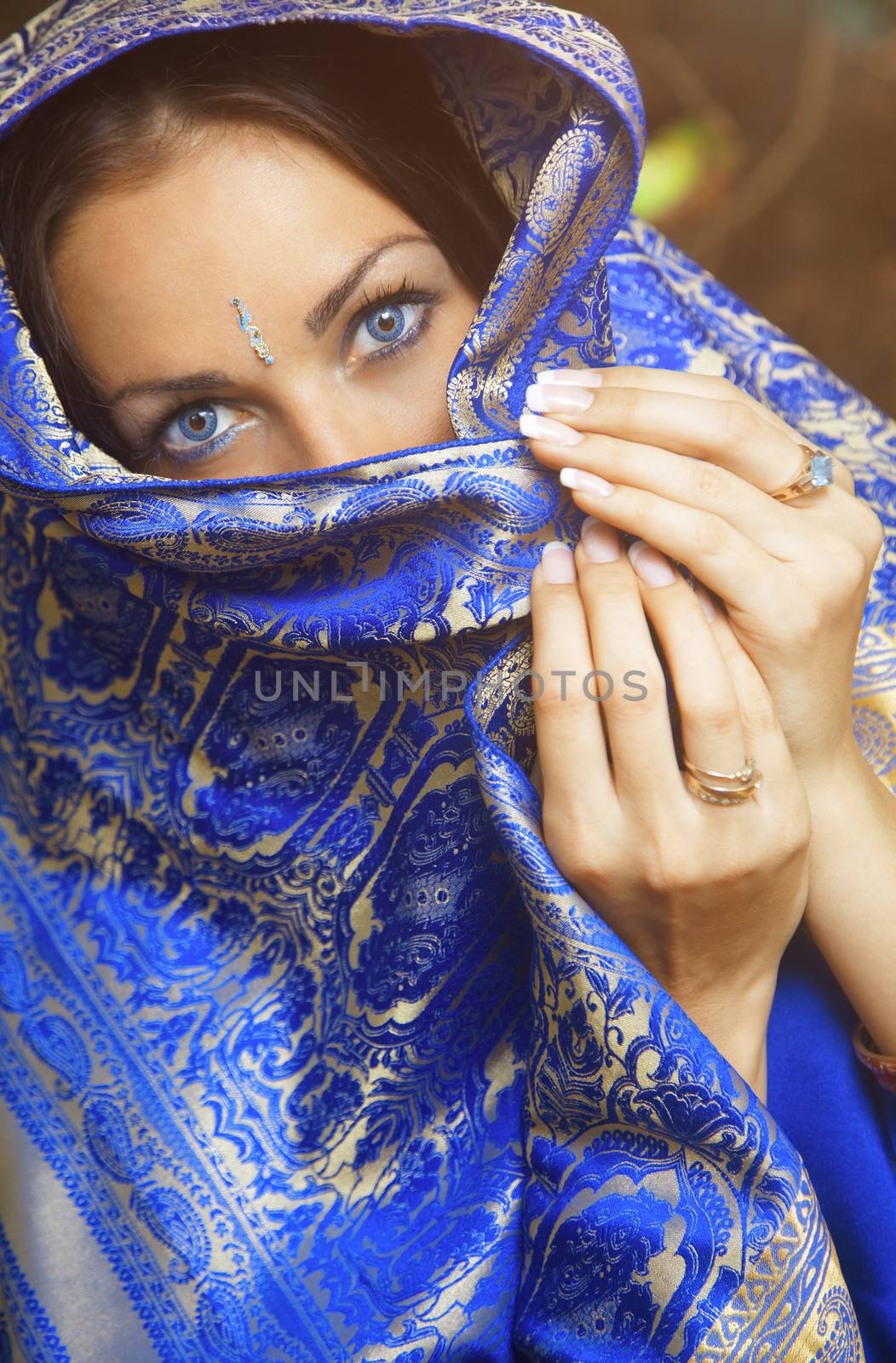 Pretty woman in blue sari. India. Close-up portrait