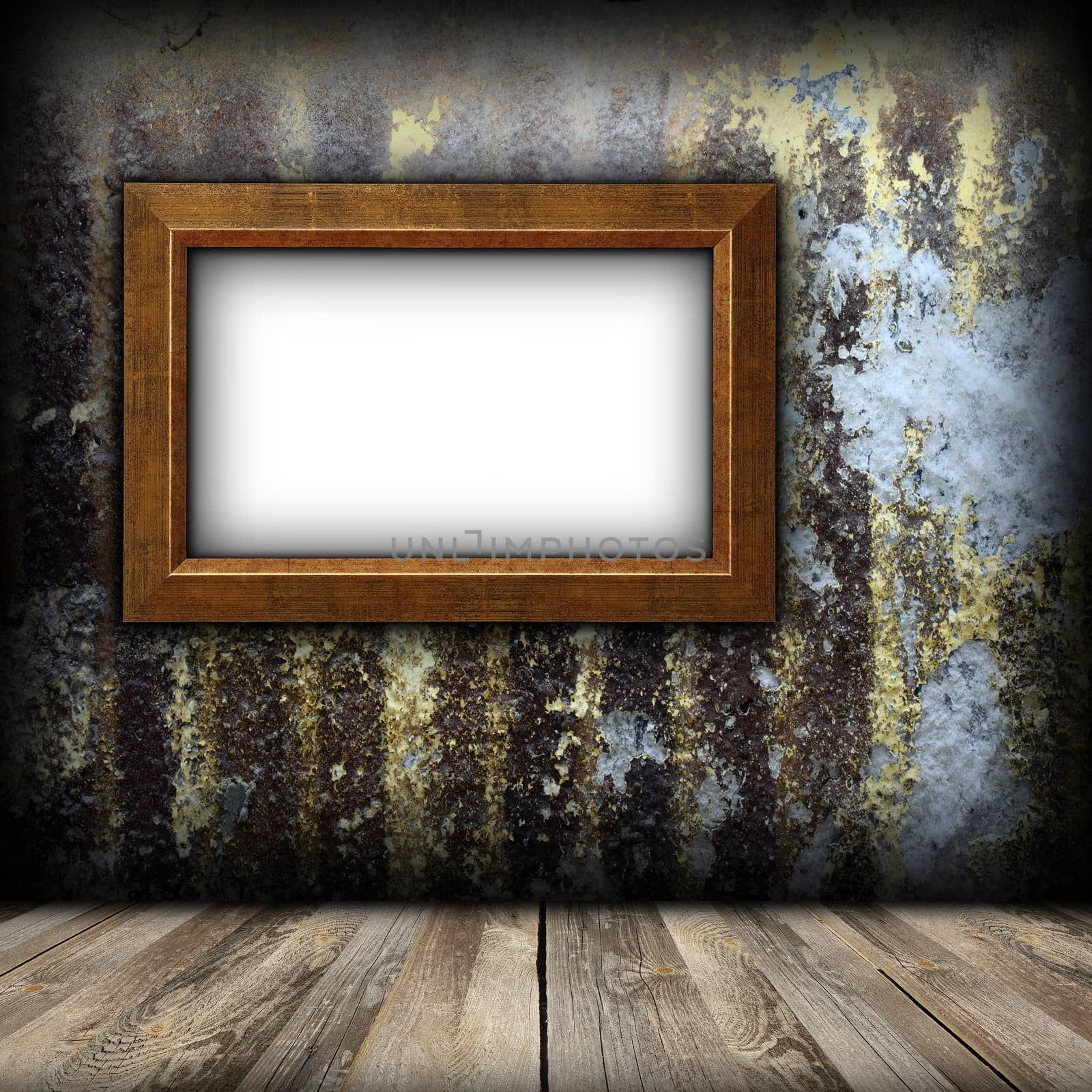 ancient painting frame on weathered wall, indoor backdrop ready for design