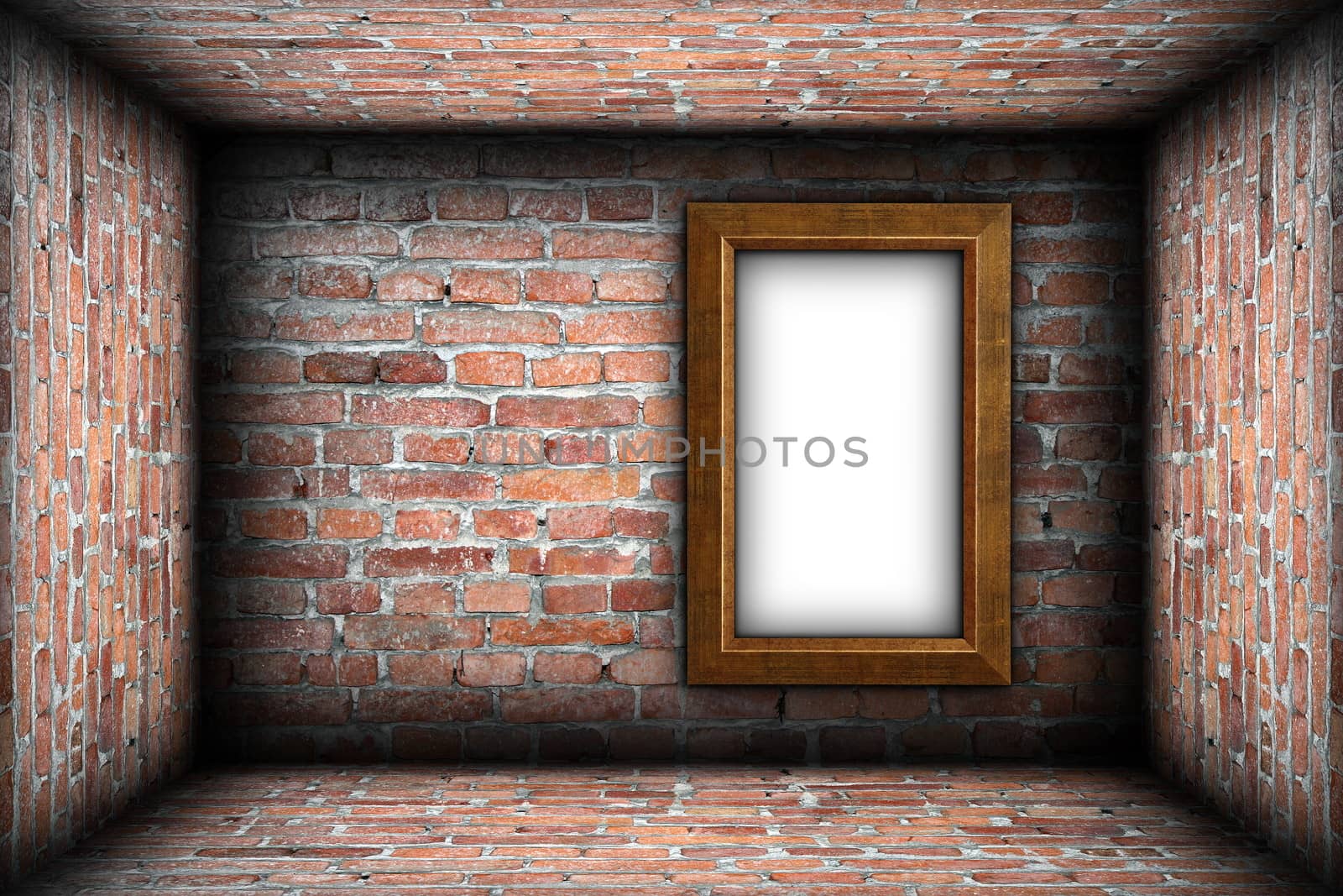 backdrop for design with big frame on a weathered brick unfinished  wall