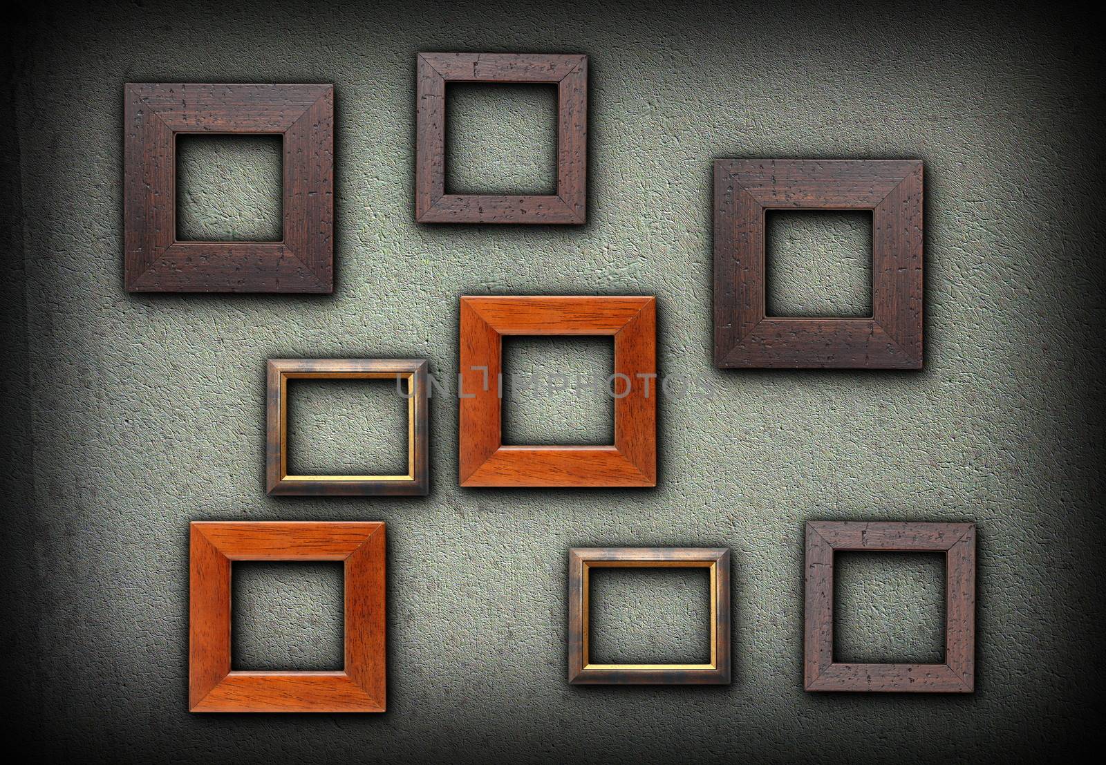 backdrop for your pictures design, large number of colorful wood frames on green wall