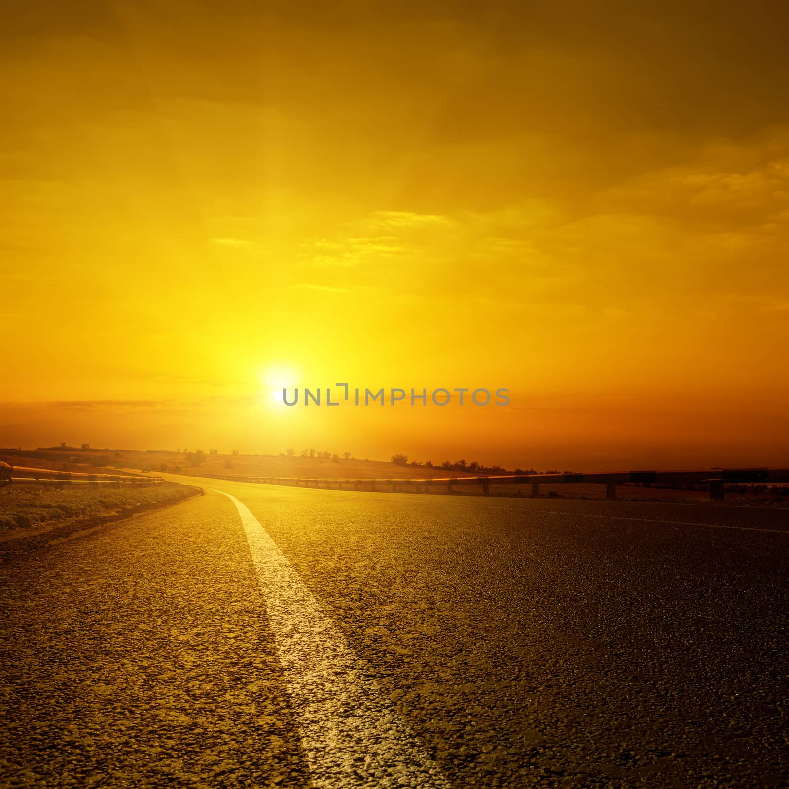 golden sunset over asphalt road by mycola