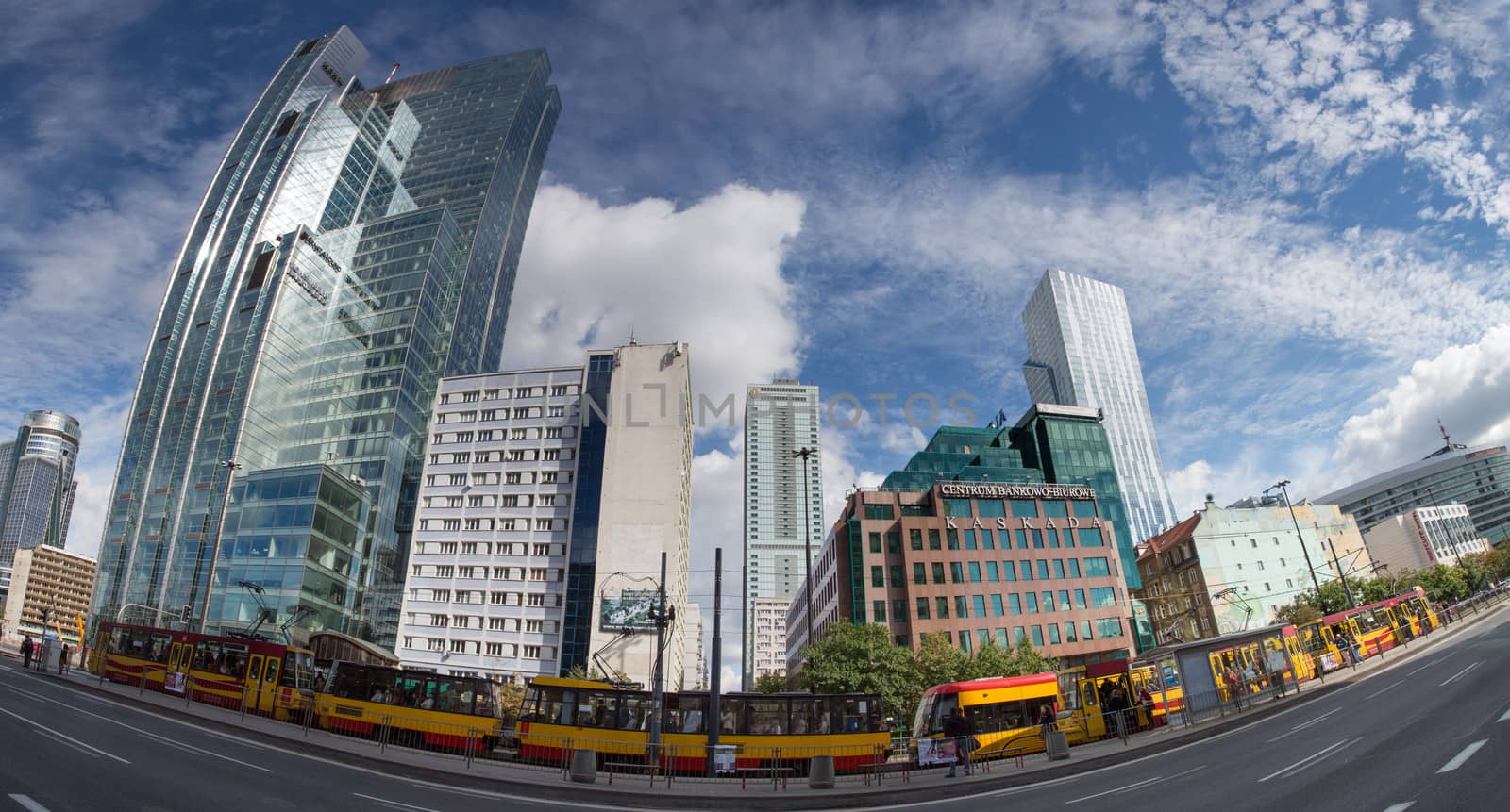 WARSAW, POLAND, SEPTEMBER 20: Panoramic view of the modern architecture in Warsaw downtown on September 20, 2013 in Warsaw, Poland. View of the Rondo1 skyscraper and Kaskada - banking office center.