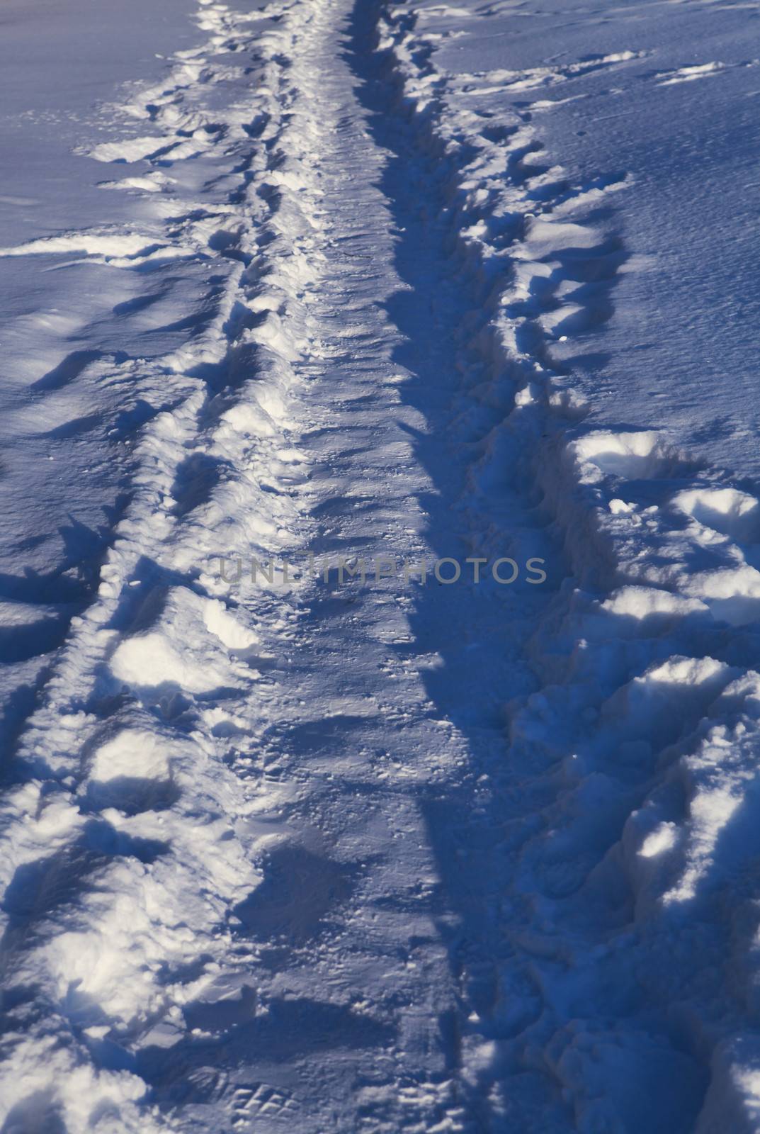winter footpath which was trodden by pedestrians in snow