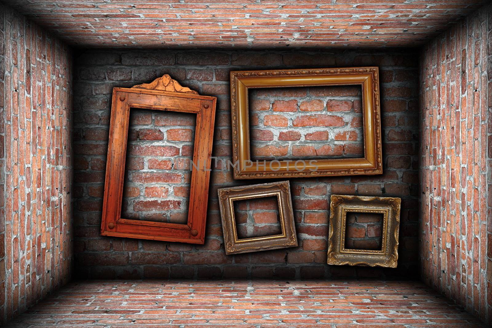 vintage room interior backdrop with ancient empty wood frames ready for your design