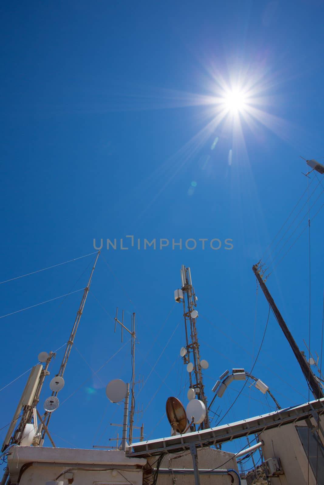 Communication station and equipment and a clear blue sky in Santorini, Greece