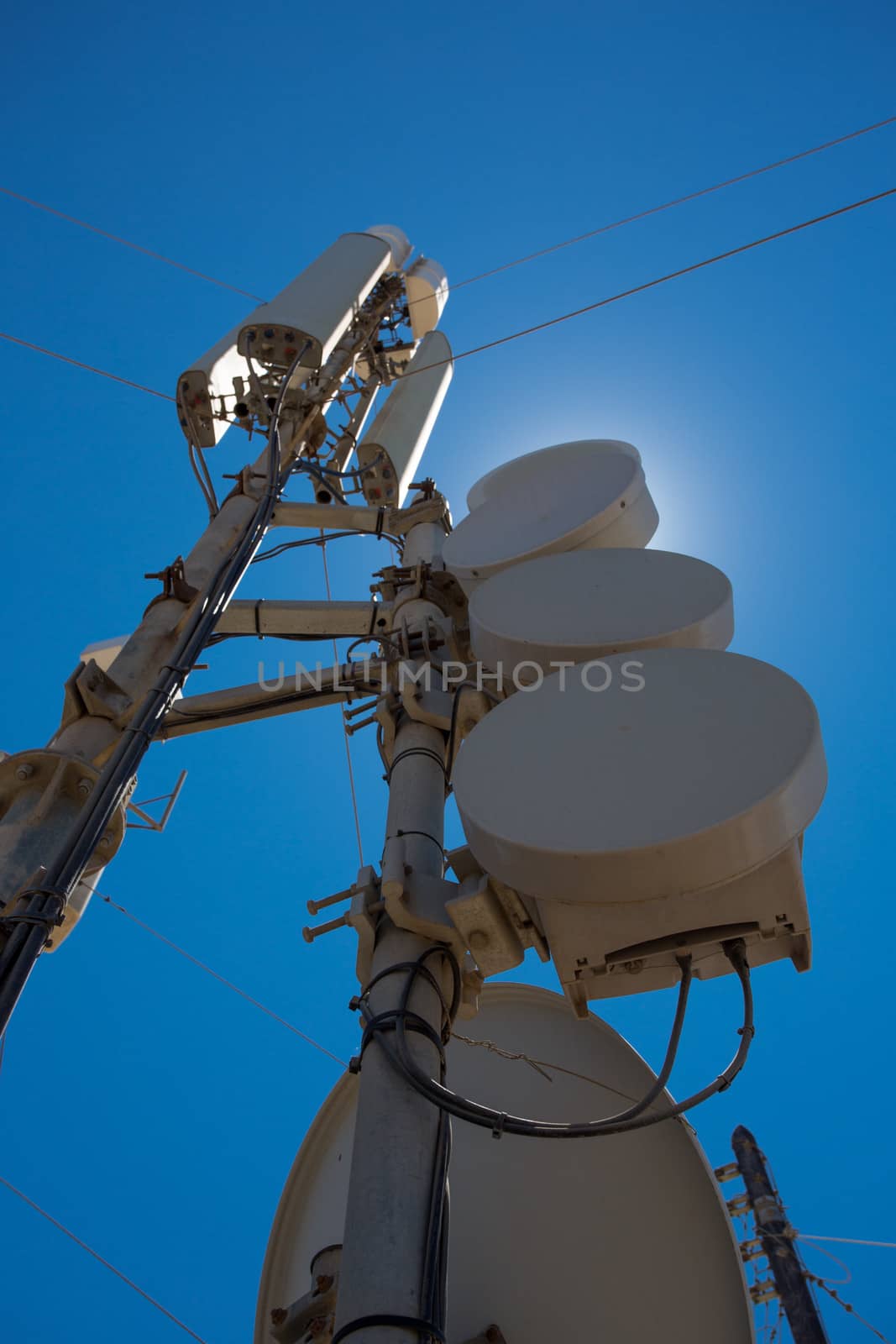 Communication station and equipment and a clear blue sky in Santorini, Greece