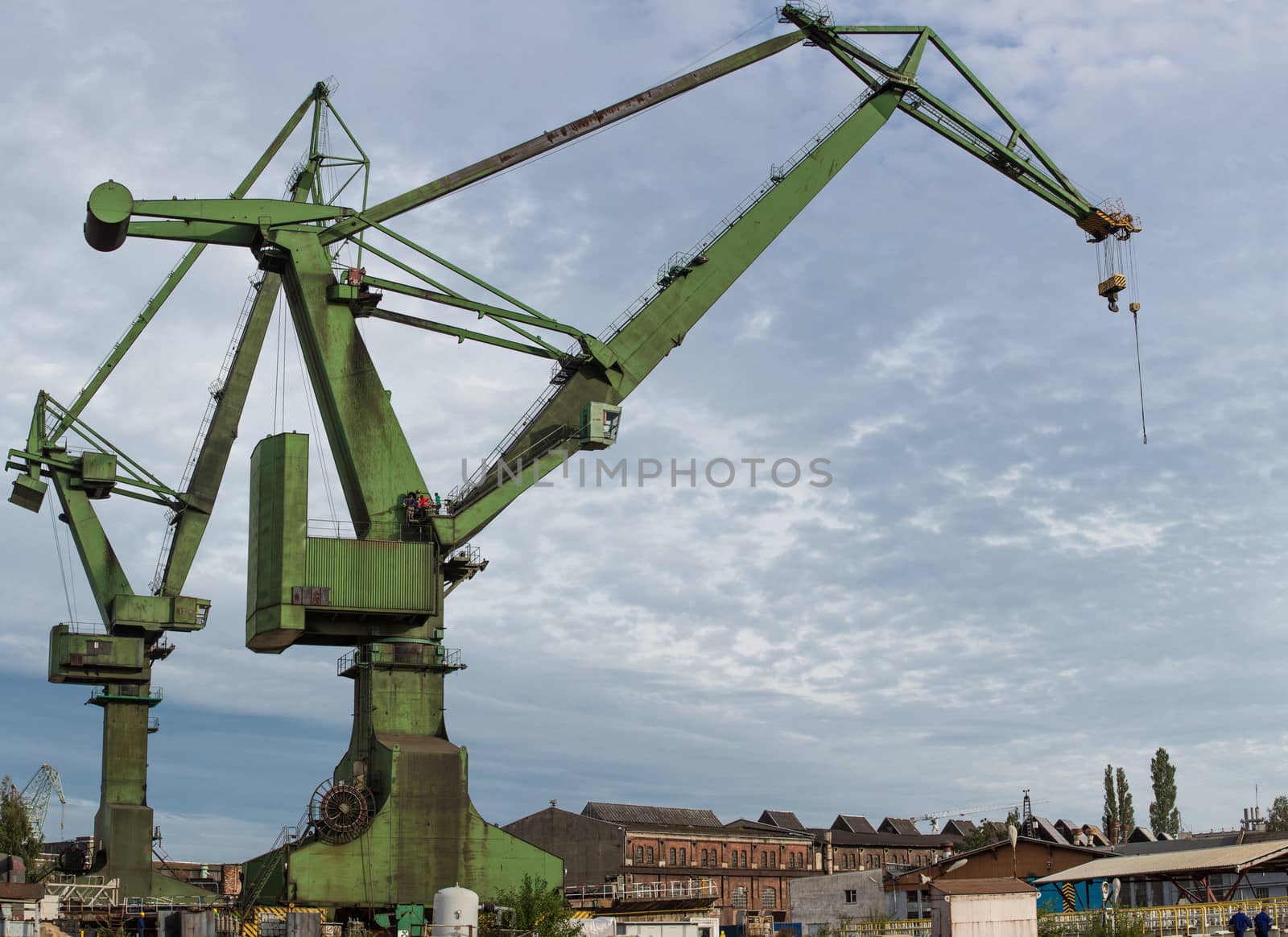 Industrial view massive cranes in the Shipyards in Gdansk, Poland.