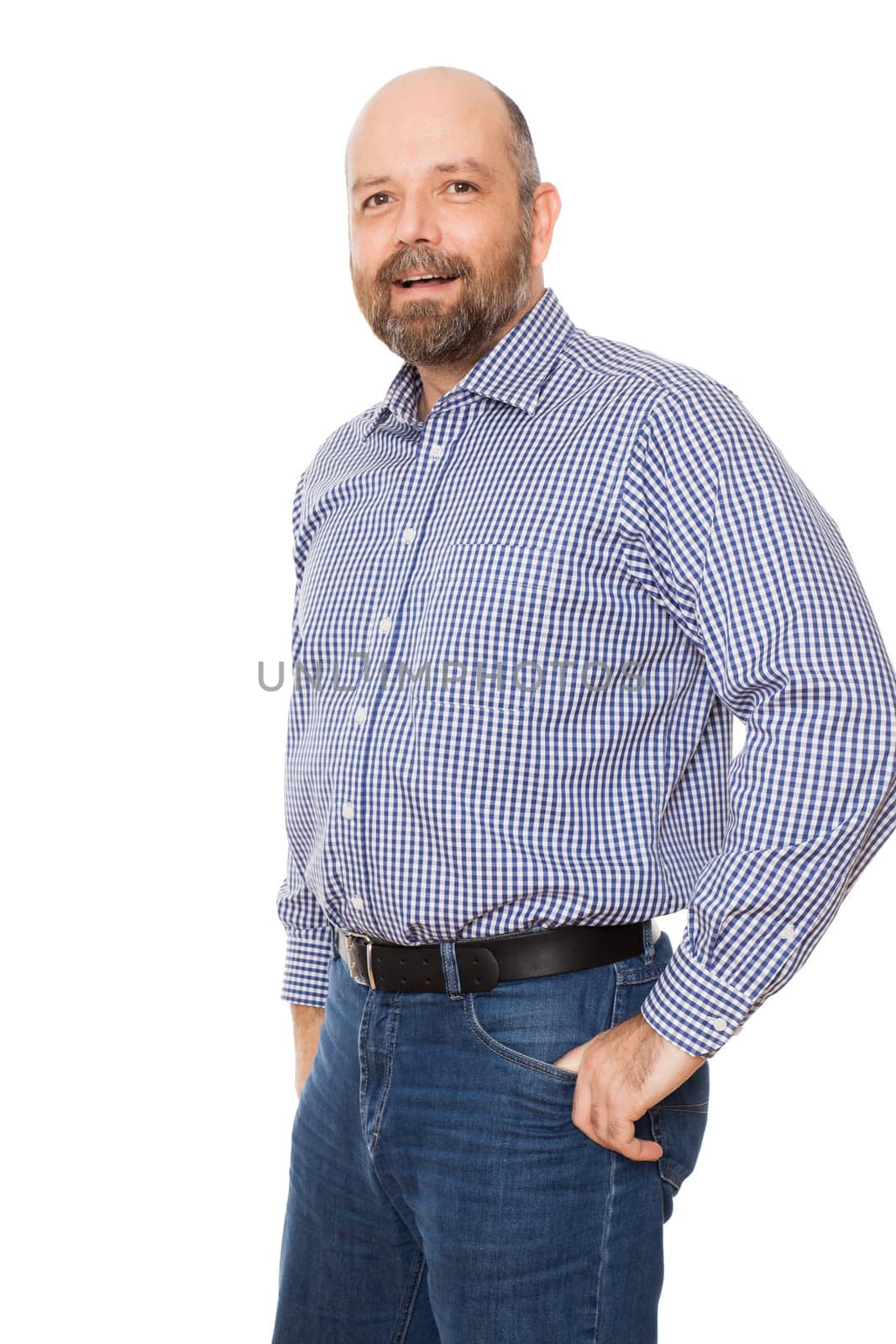 A handsome smiling man with a beard isolated on white background