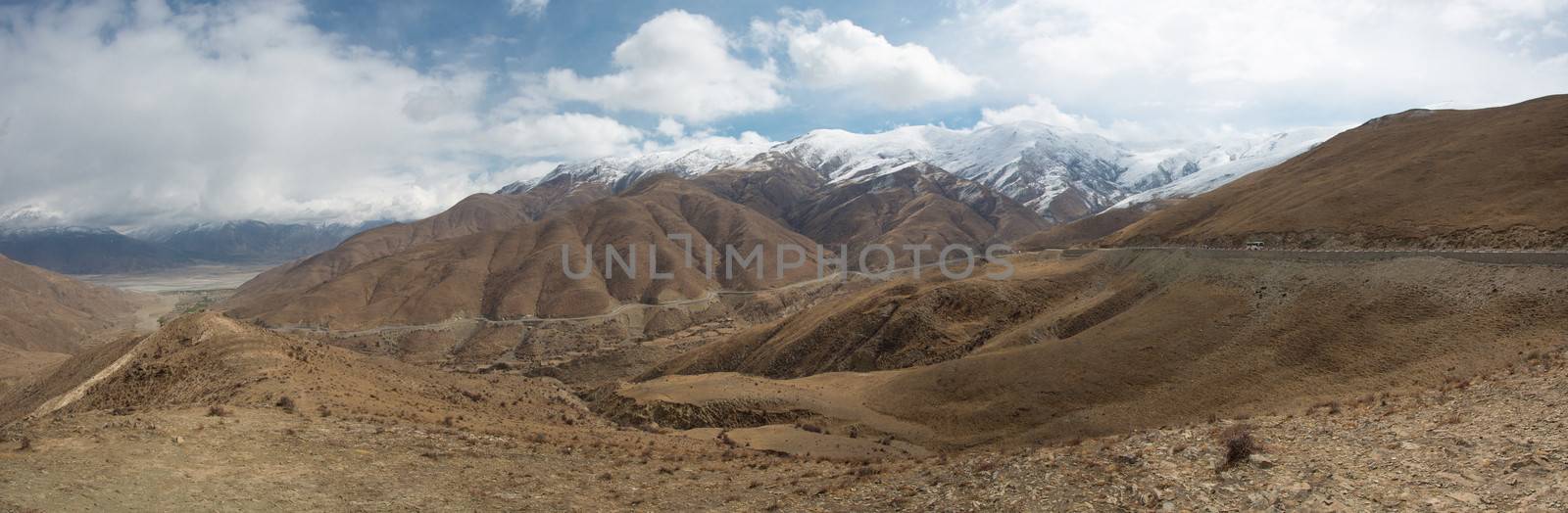 Panoramic view of the Friendship Road in Tibet gong from Lhasa and ending in Kathmandu, China.